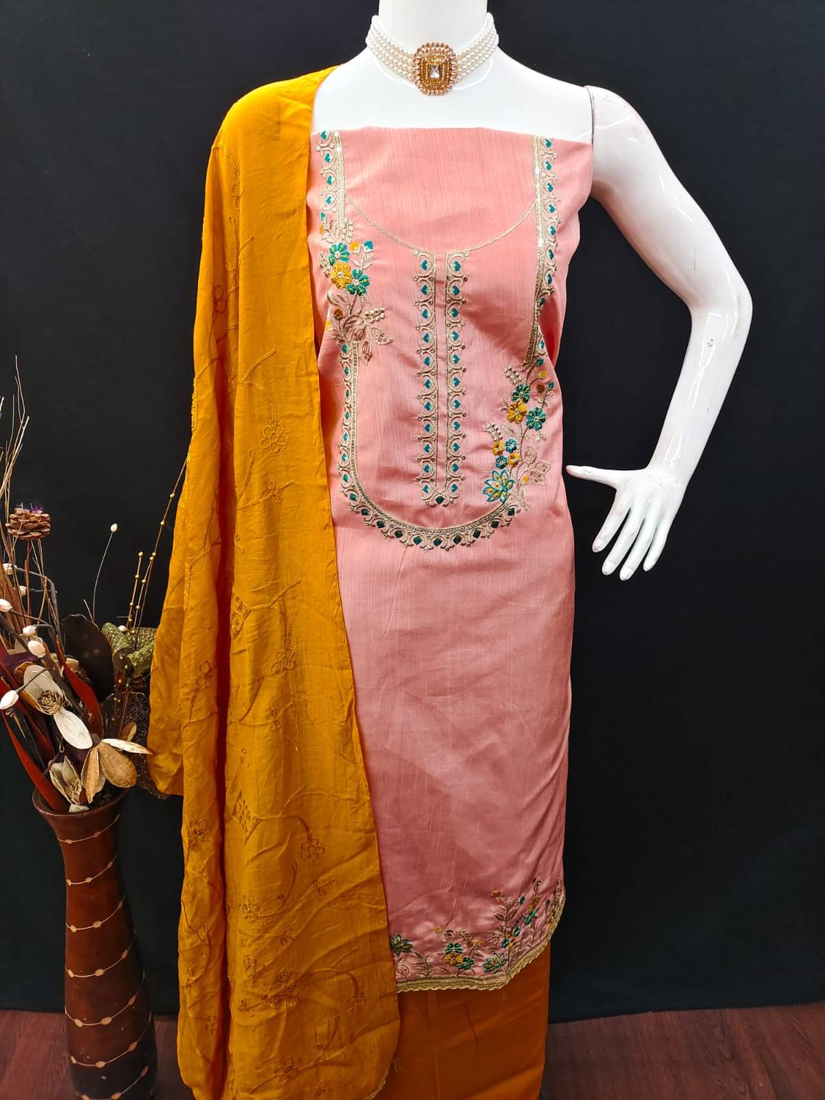     			HL SILKMILLS Unstitched Silk Blend Embroidered Dress Material - Yellow ( Pack of 1 )