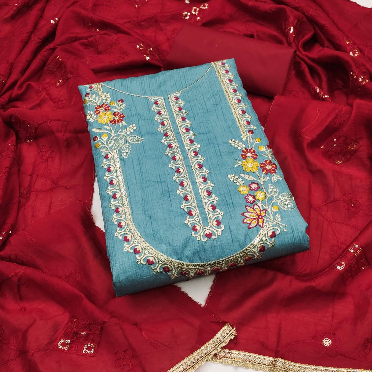 HL SILKMILLS Unstitched Silk Blend Embroidered Dress Material - Red ( Pack of 1 )     			HL SILKMILLS Unstitched Silk Blend Embroidered Dress Material - Red ( Pack of 1 )