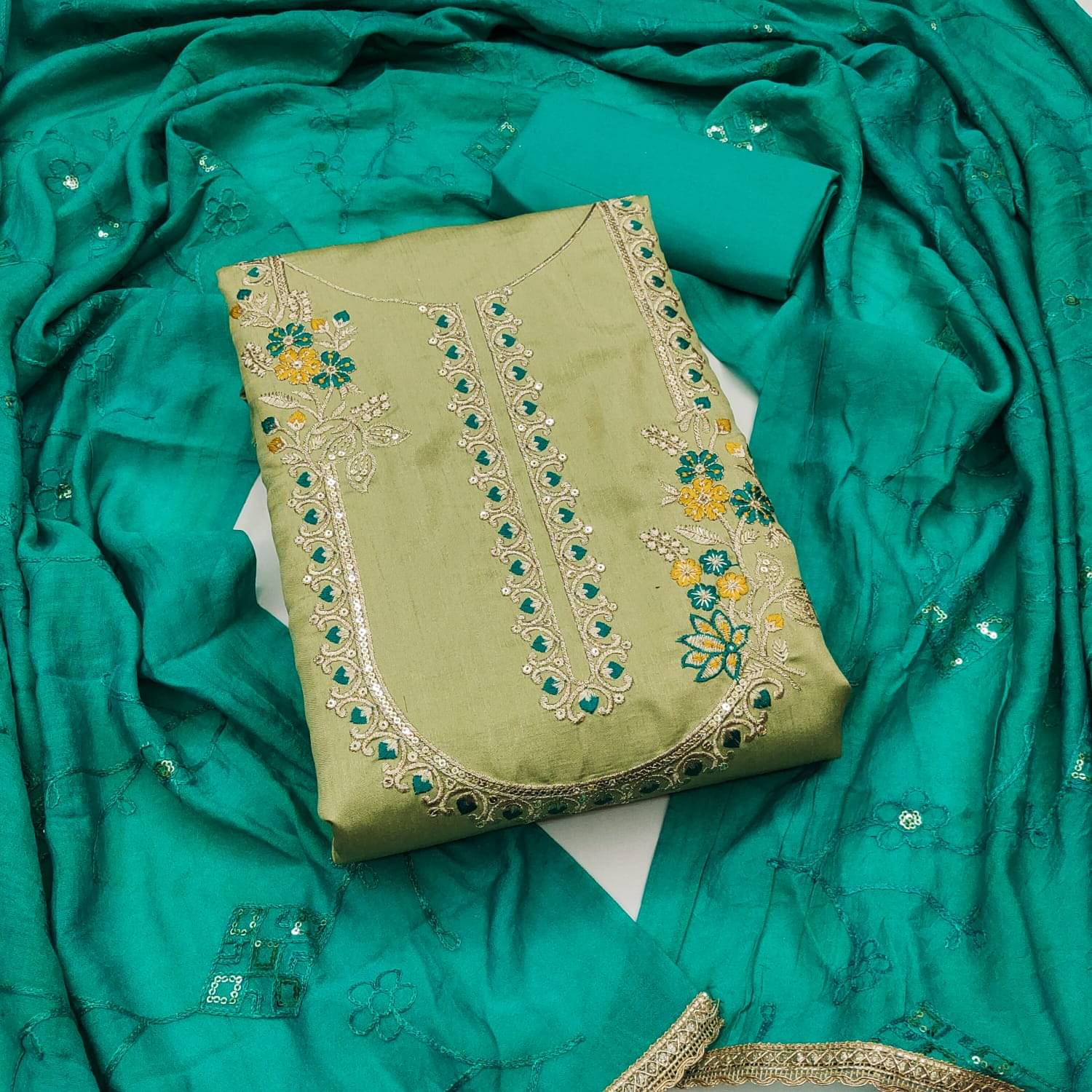     			HL SILKMILLS Unstitched Silk Blend Embroidered Dress Material - Sea Green ( Pack of 1 )