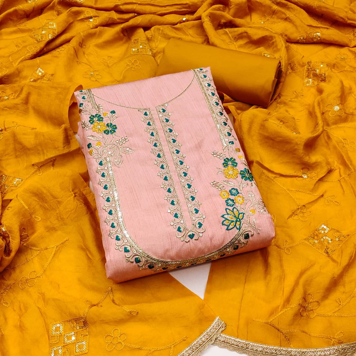     			HL SILKMILLS Unstitched Silk Blend Embroidered Dress Material - Yellow ( Pack of 1 )