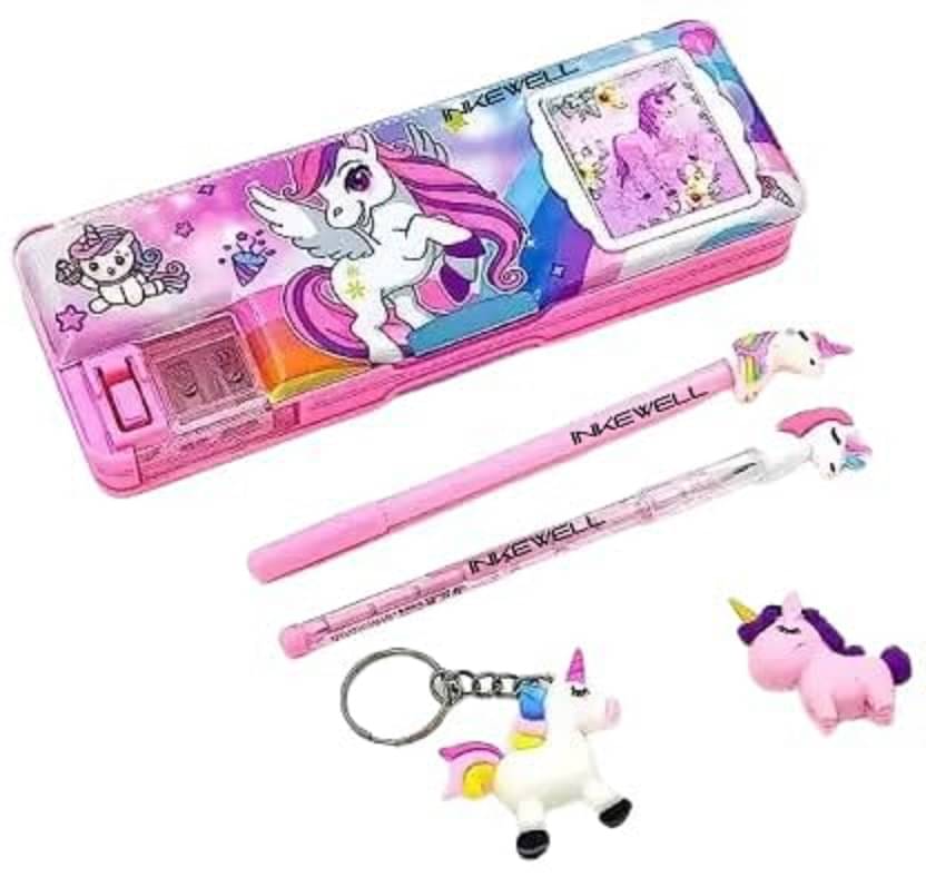     			INKEWELL Geometry Box Unicorn charactor Theme Pencil case | Box with Calculator Integrated Sharpener Dual Side Magnetic Flap Combo Including Pencil and Keychain for Kids Students Gift ( SET OF 4  ITEM  )