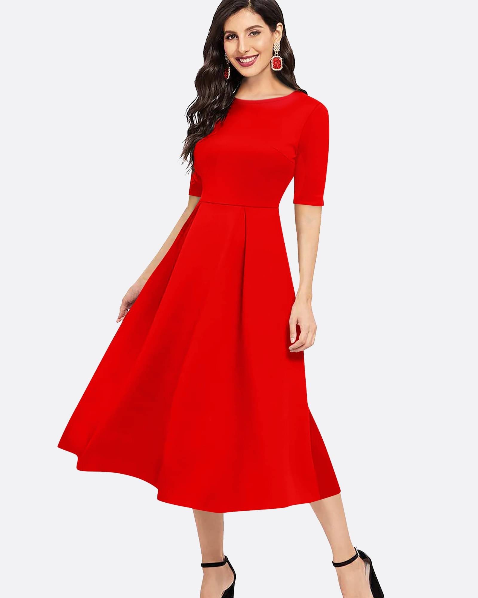     			LONDON BELLY Women Polyester Solid Fit & Flare Dress ( Red )