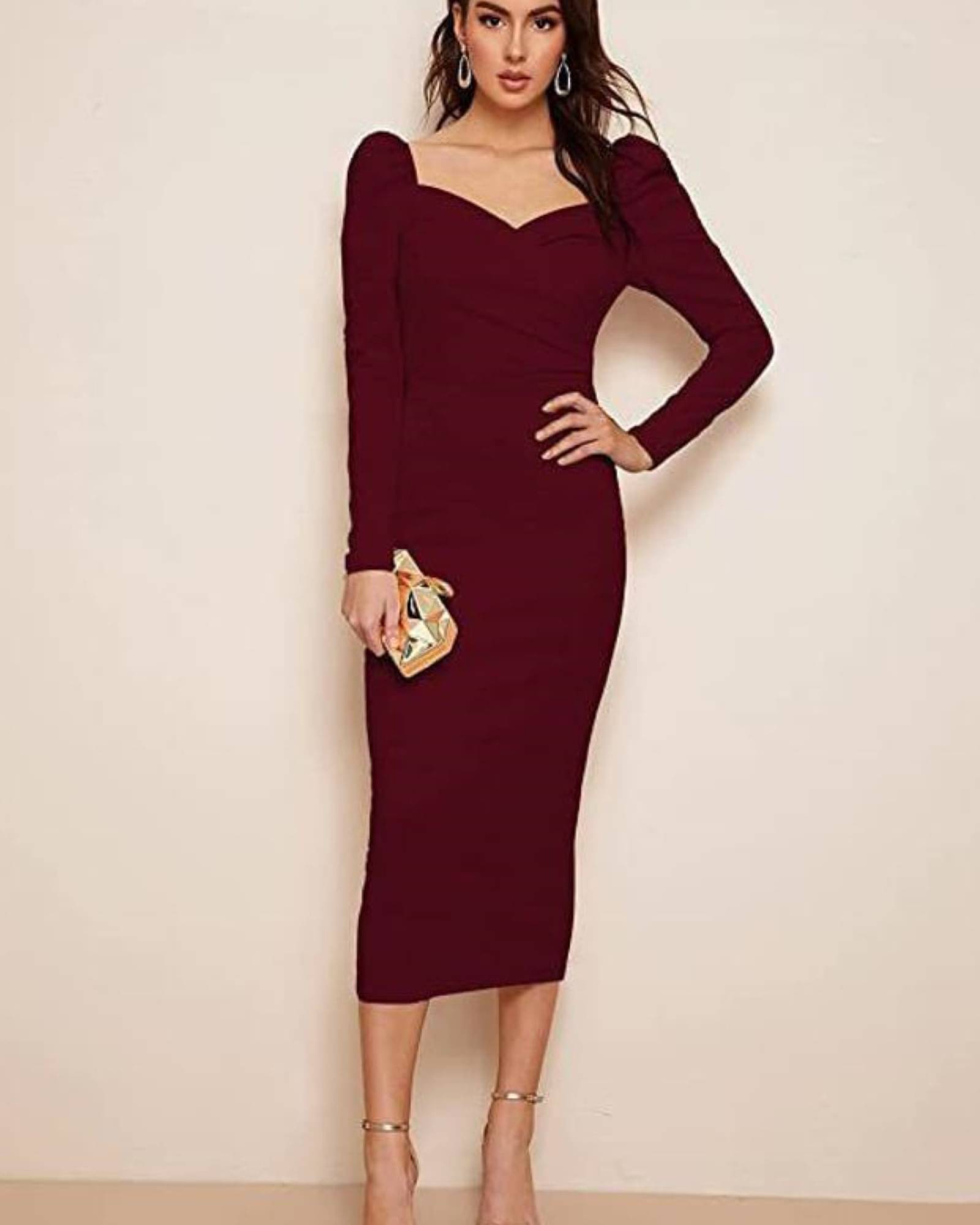 LONDON BELLY Women Polyester Solid Bodycon Dress ( Maroon ) LONDON BELLY Women Polyester Solid Bodycon Dress ( Maroon )