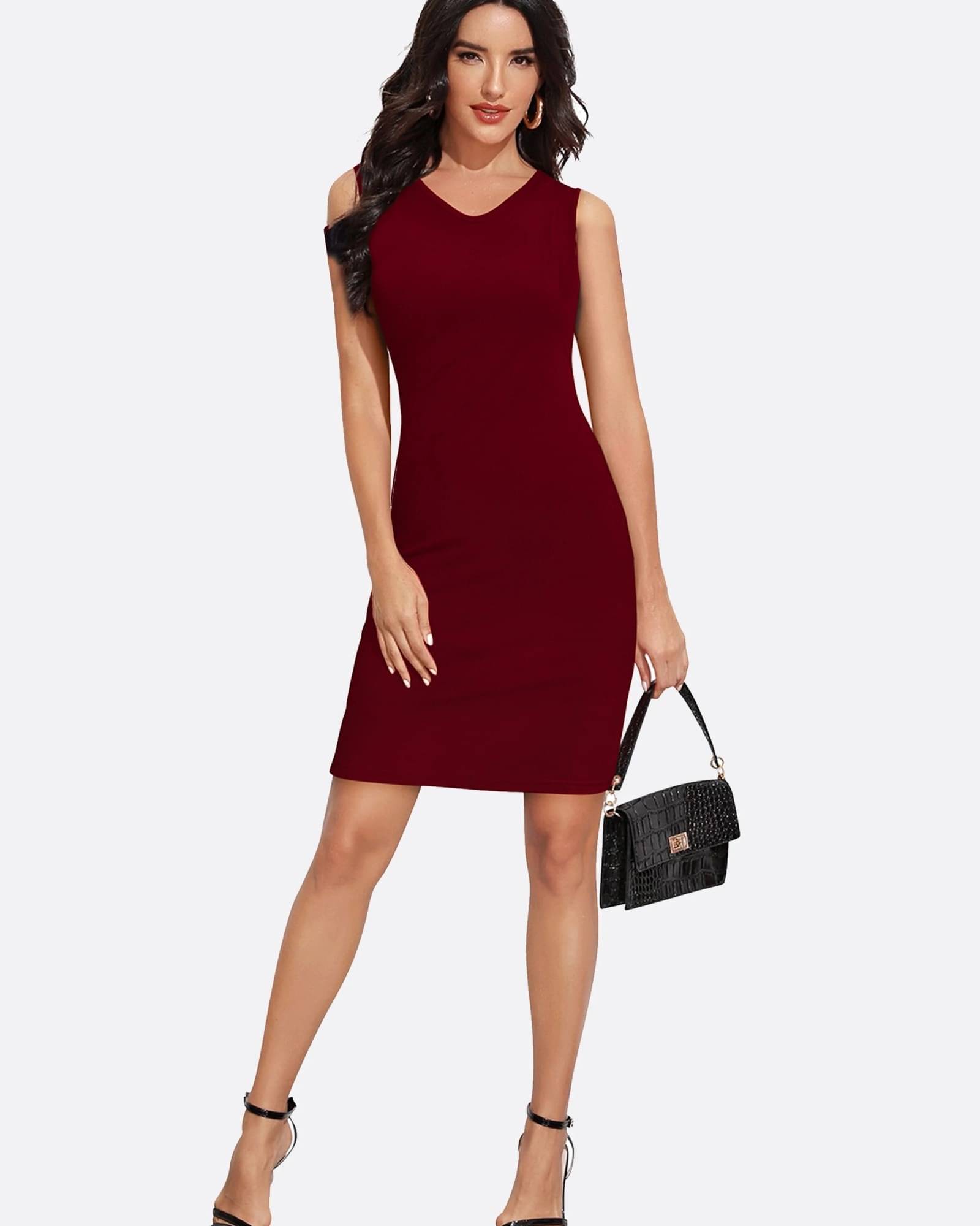     			LONDON BELLY Women Polyester Solid Bodycon Dress ( Maroon )
