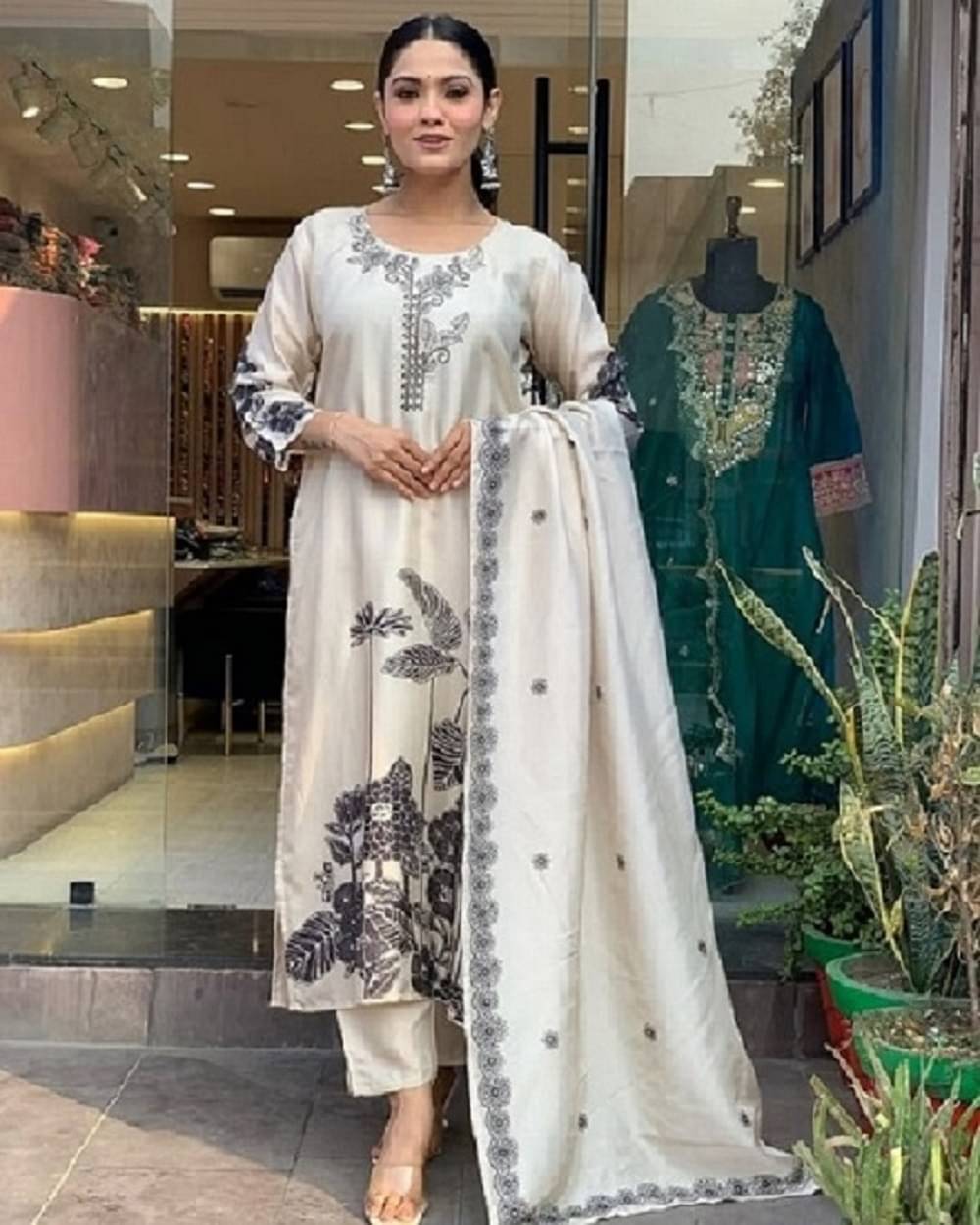     			PURVAIYA CREATION Silk Blend Printed Kurti With Pants Women's Stitched Salwar Suit - Cream ( Pack of 1 )