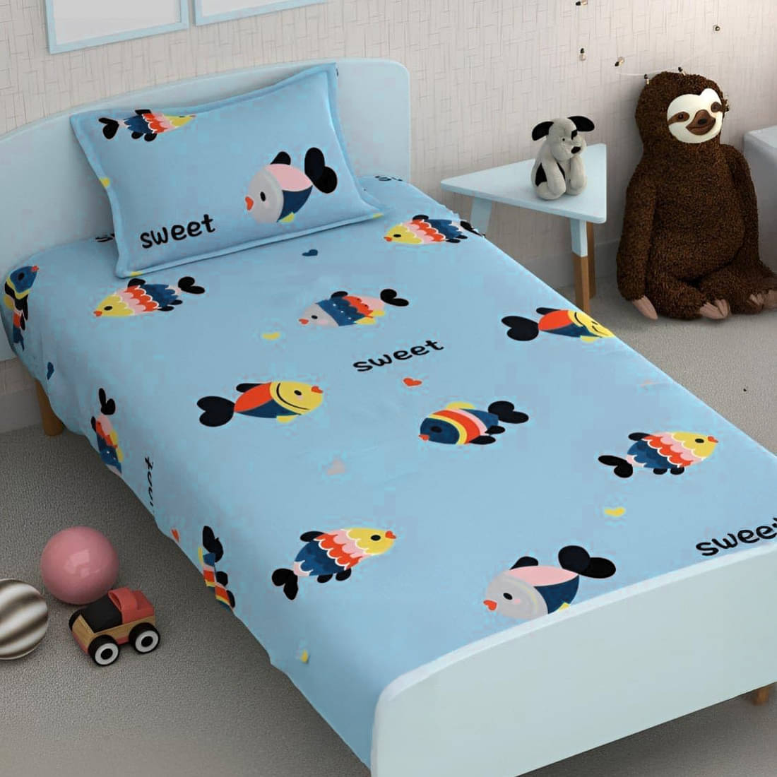     			PrettyKrafts Cotton 1 Single Bedsheet with 1 Pillow Cover ( Blue )