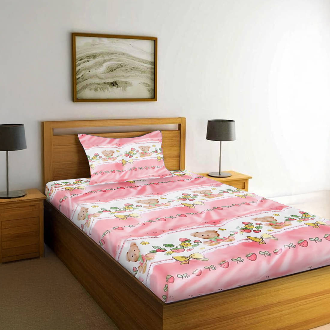     			PrettyKrafts Cotton 1 Single Bedsheet with 1 Pillow Cover ( Pink )