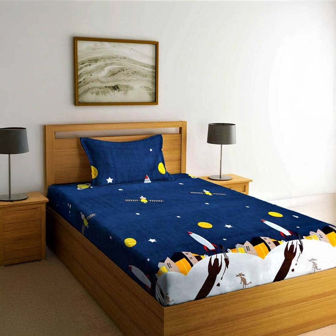     			PrettyKrafts Cotton 1 Single Bedsheet with 1 Pillow Cover ( Navy Blue )