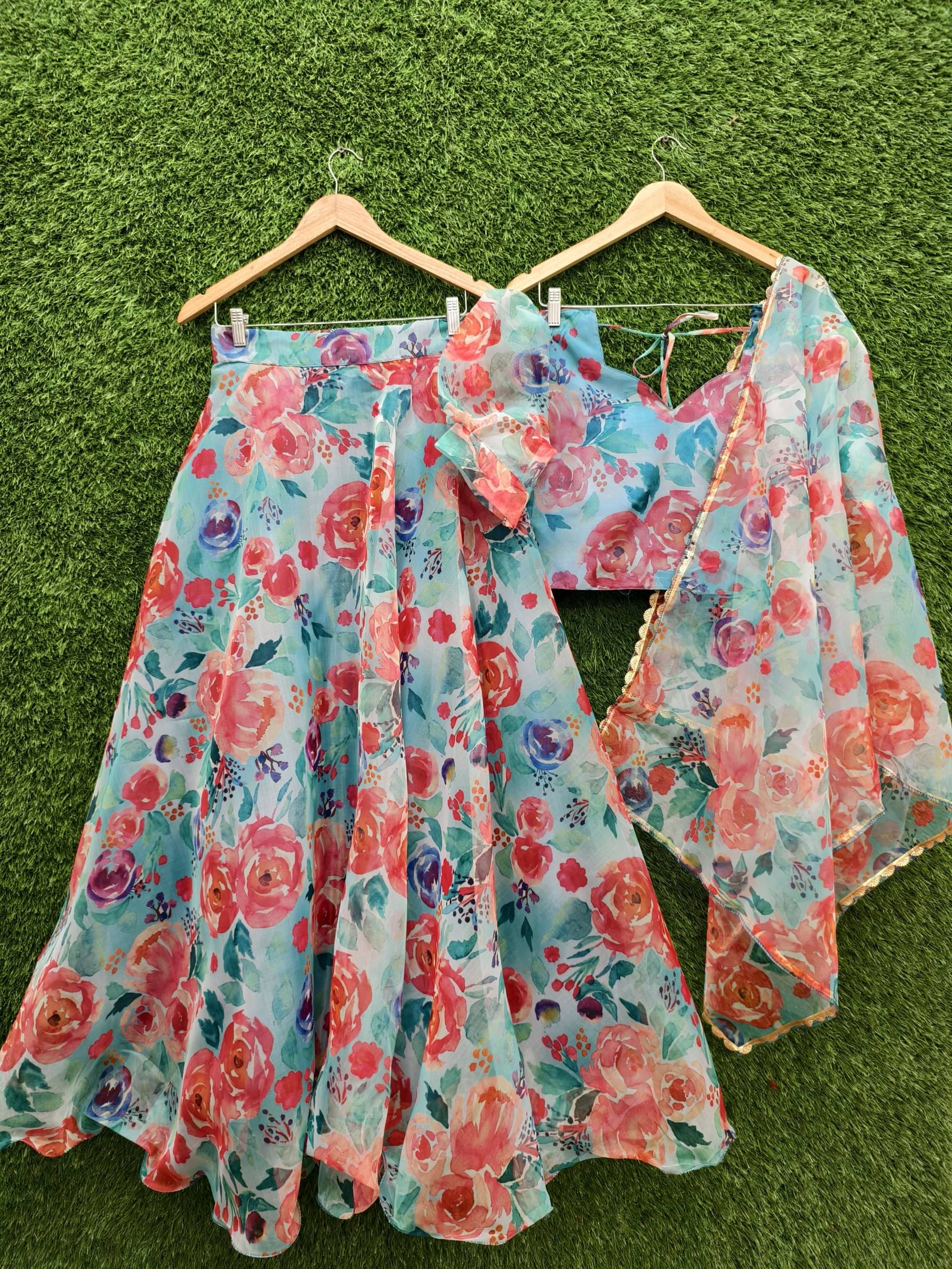     			PuriMaa Beige Organza Circular Semi Stitched Lehenga