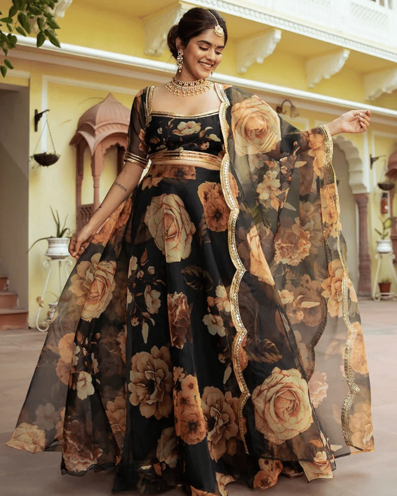     			PuriMaa Black Organza Circular Semi Stitched Lehenga