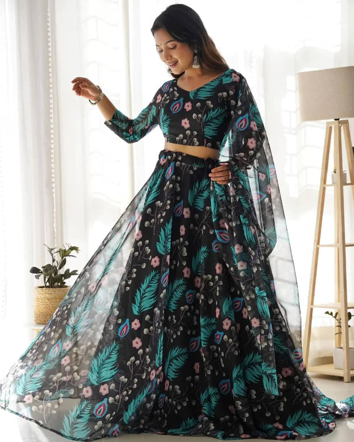     			PuriMaa Blue Organza Circular Semi Stitched Lehenga
