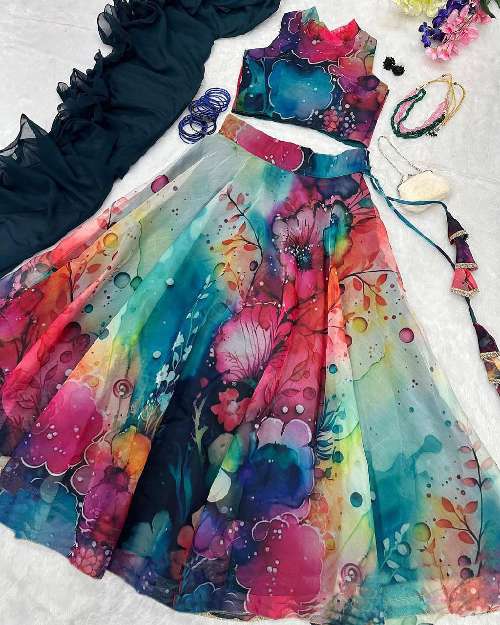     			PuriMaa Blue Organza Circular Semi Stitched Lehenga