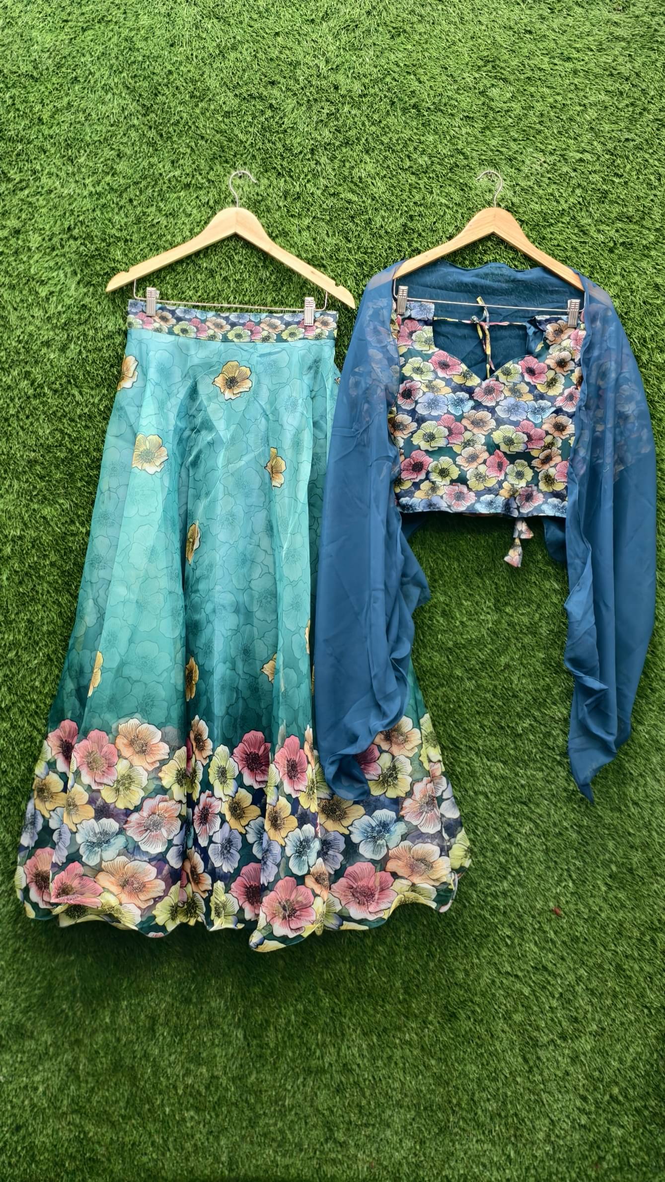 PuriMaa Blue Organza Circular Semi Stitched Lehenga     			PuriMaa Blue Organza Circular Semi Stitched Lehenga