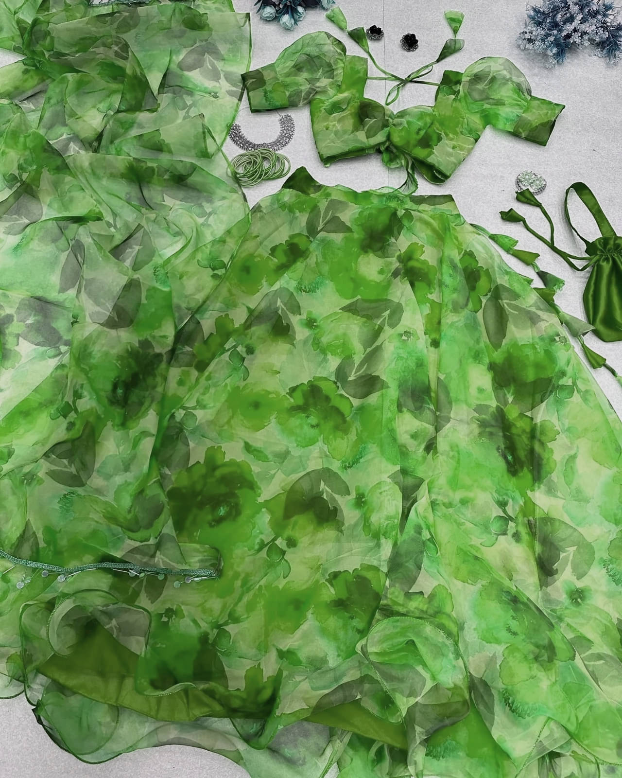 PuriMaa Green Organza Circular Semi Stitched Lehenga PuriMaa Green Organza Circular Semi Stitched Lehenga