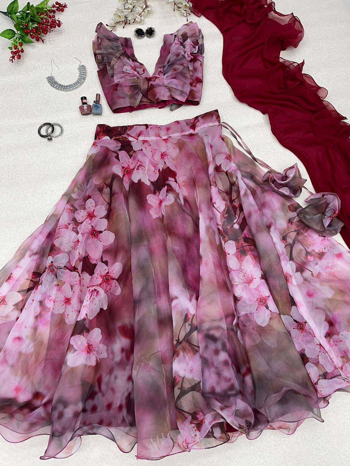     			PuriMaa Maroon Organza Circular Semi Stitched Lehenga
