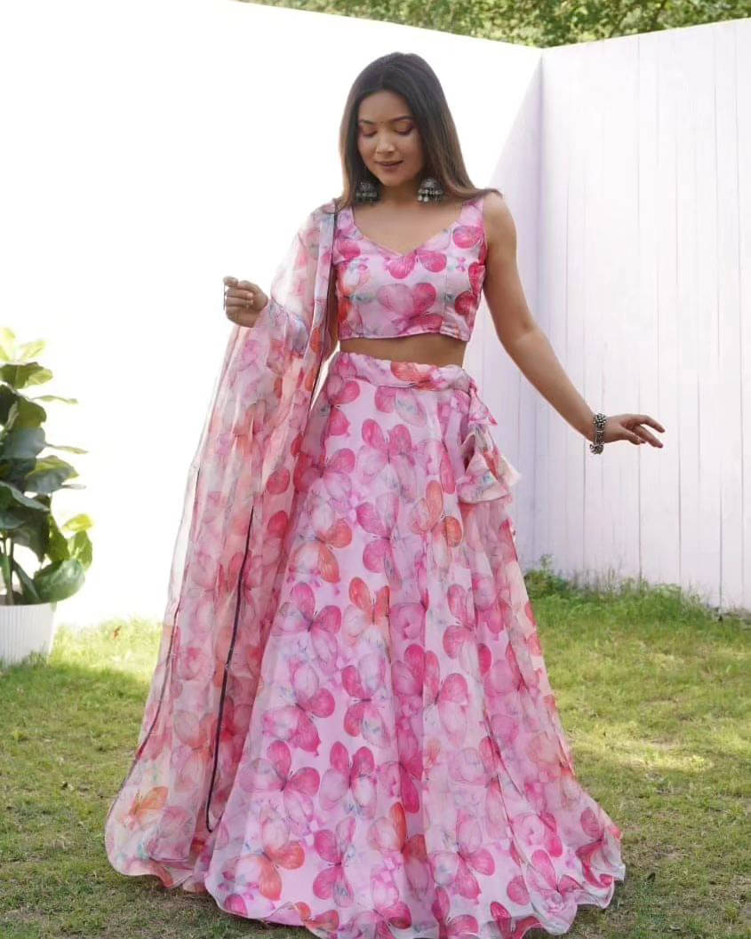     			PuriMaa Pink Organza Circular Semi Stitched Lehenga