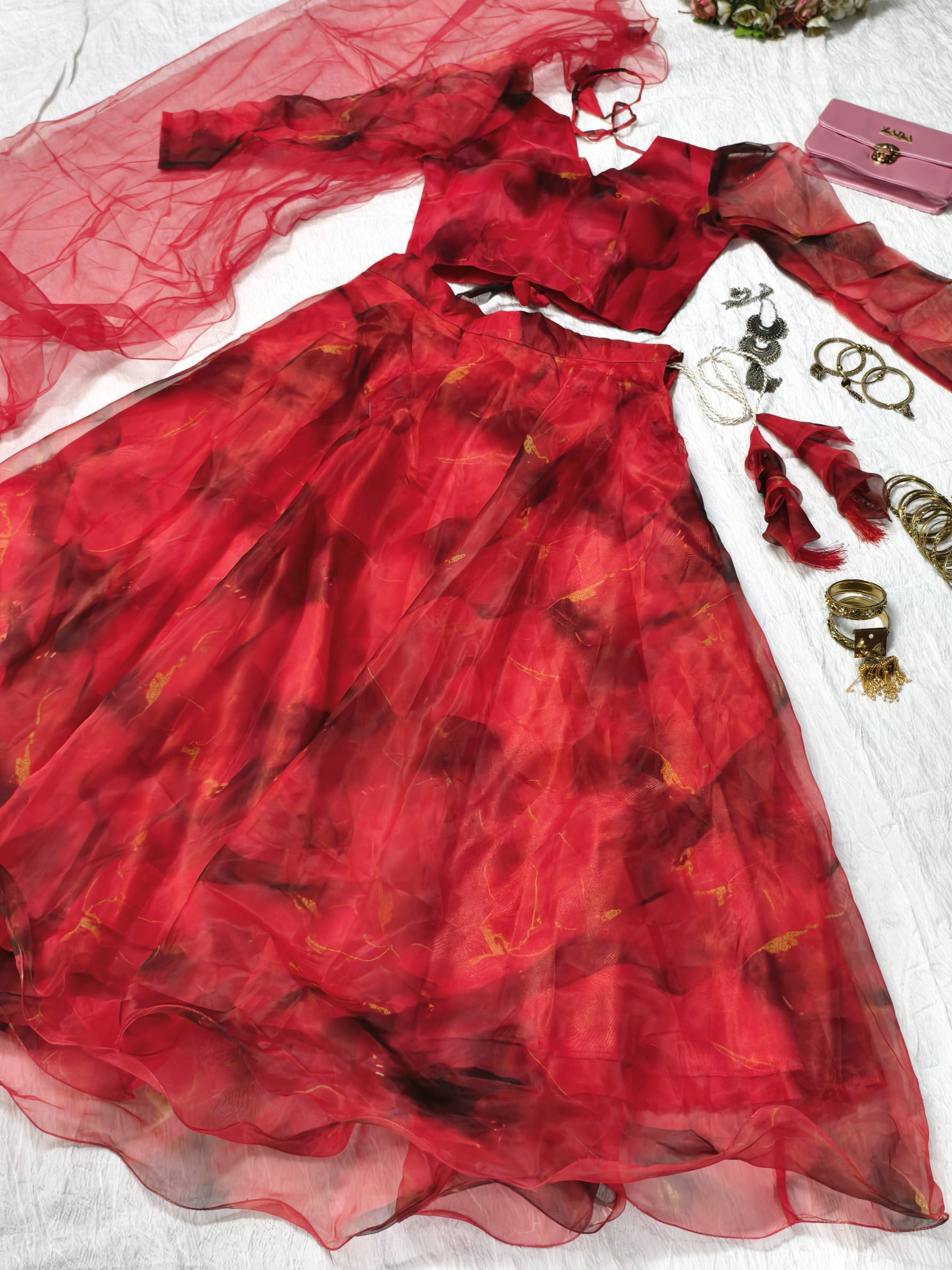     			PuriMaa Red Organza Circular Semi Stitched Lehenga