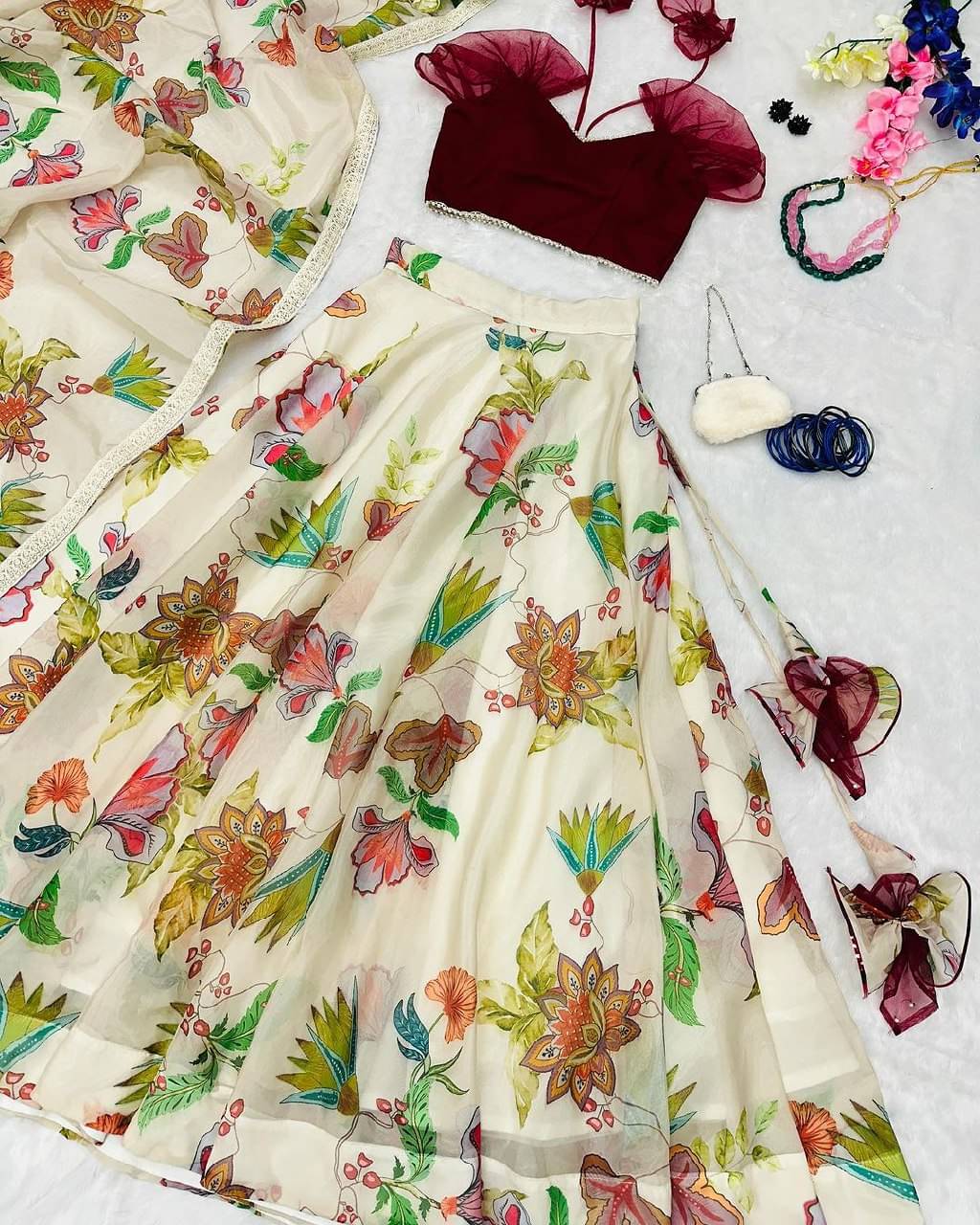 PuriMaa White Organza Circular Semi Stitched Lehenga     			PuriMaa White Organza Circular Semi Stitched Lehenga