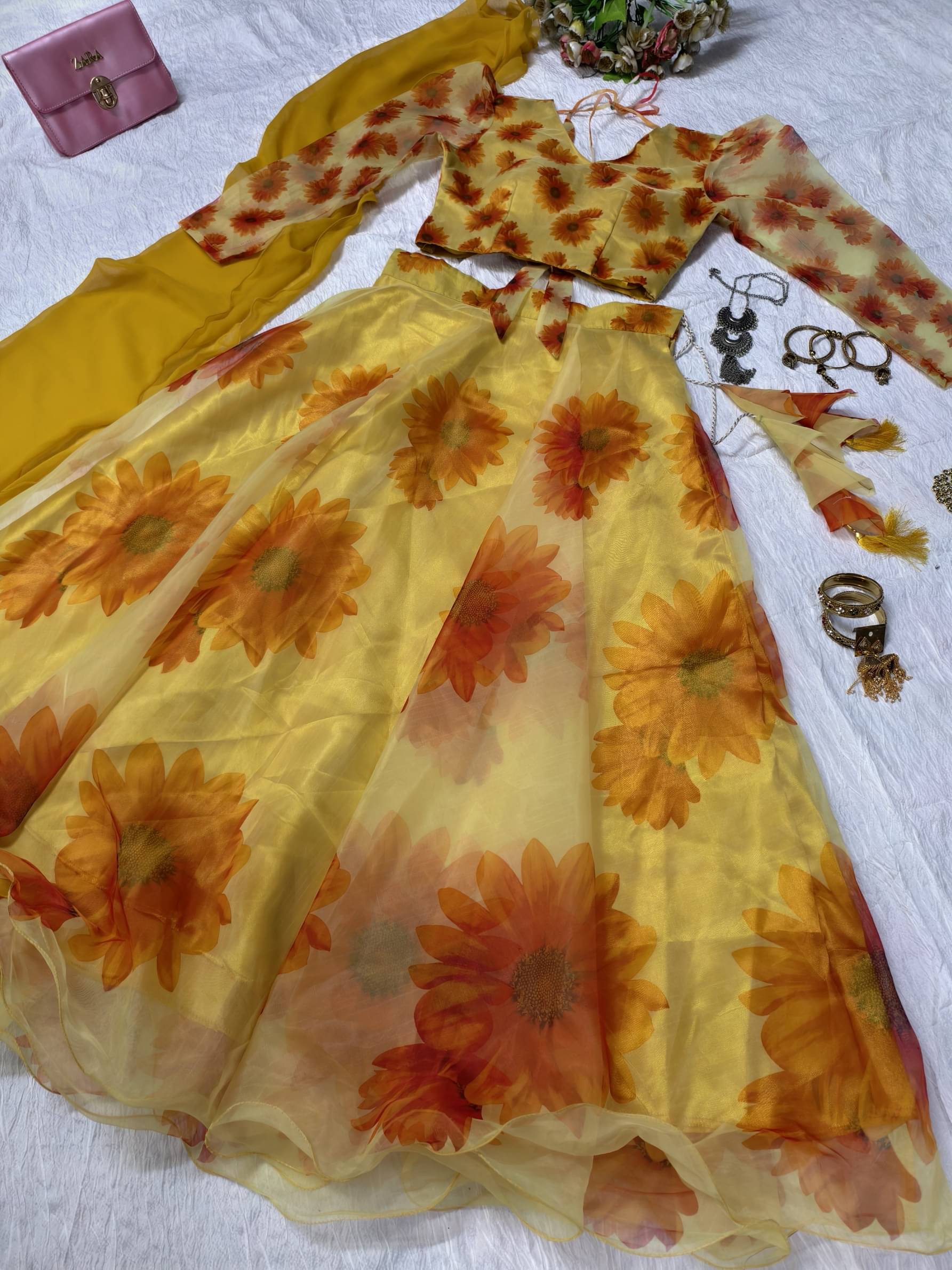 PuriMaa Yellow Organza Circular Semi Stitched Lehenga     			PuriMaa Yellow Organza Circular Semi Stitched Lehenga