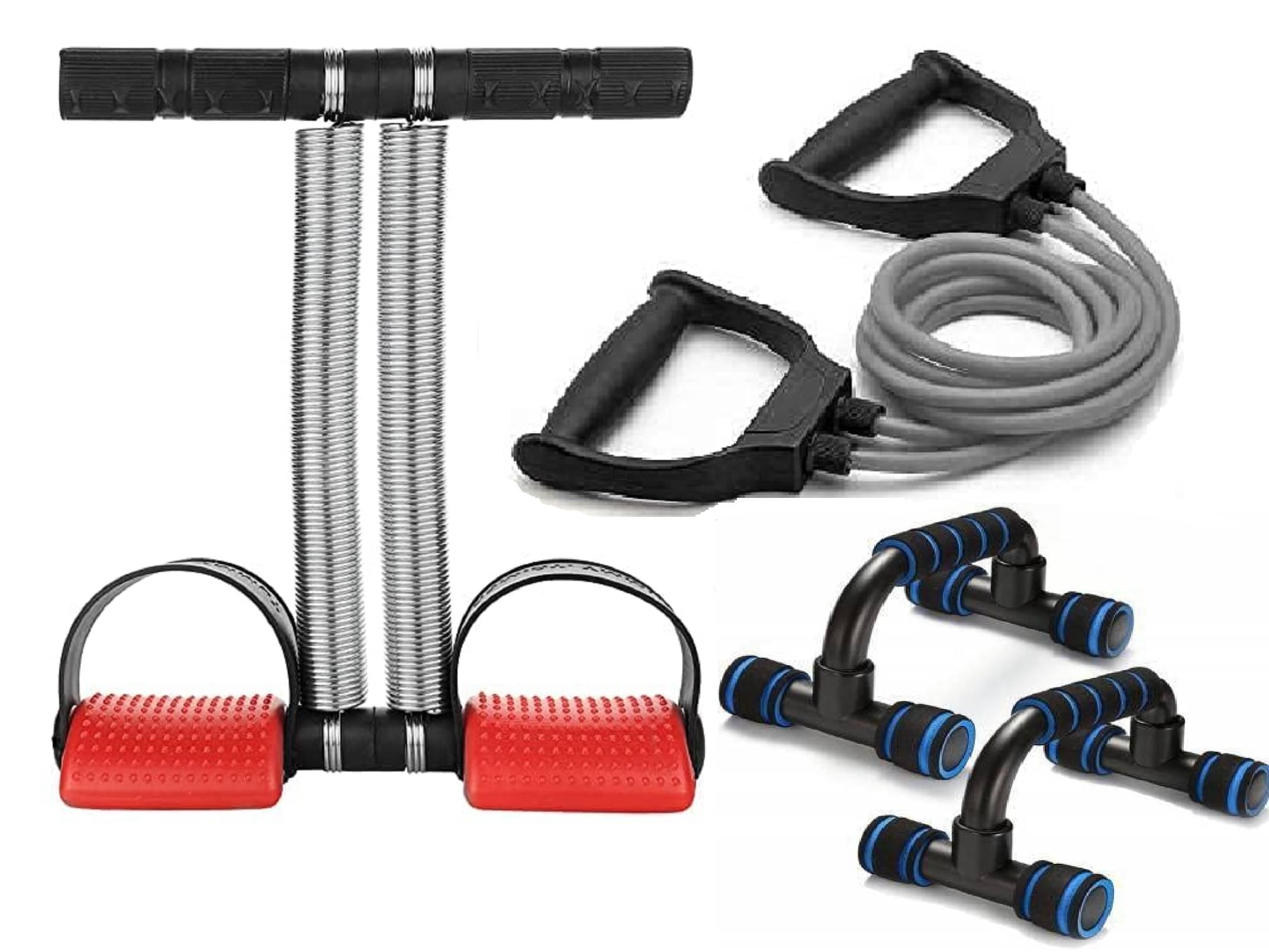 Shopeleven Toning Resistance Tube and Push up Bar with Double Spring Tummy Trimmer Combo Home Gym Exercise Equipment for Men Women Gym Equipment Set for Home Shopeleven Toning Resistance Tube and Push up Bar with Double Spring Tummy Trimmer Combo Home Gym Exercise Equipment for Men Women Gym Equipment Set for Home