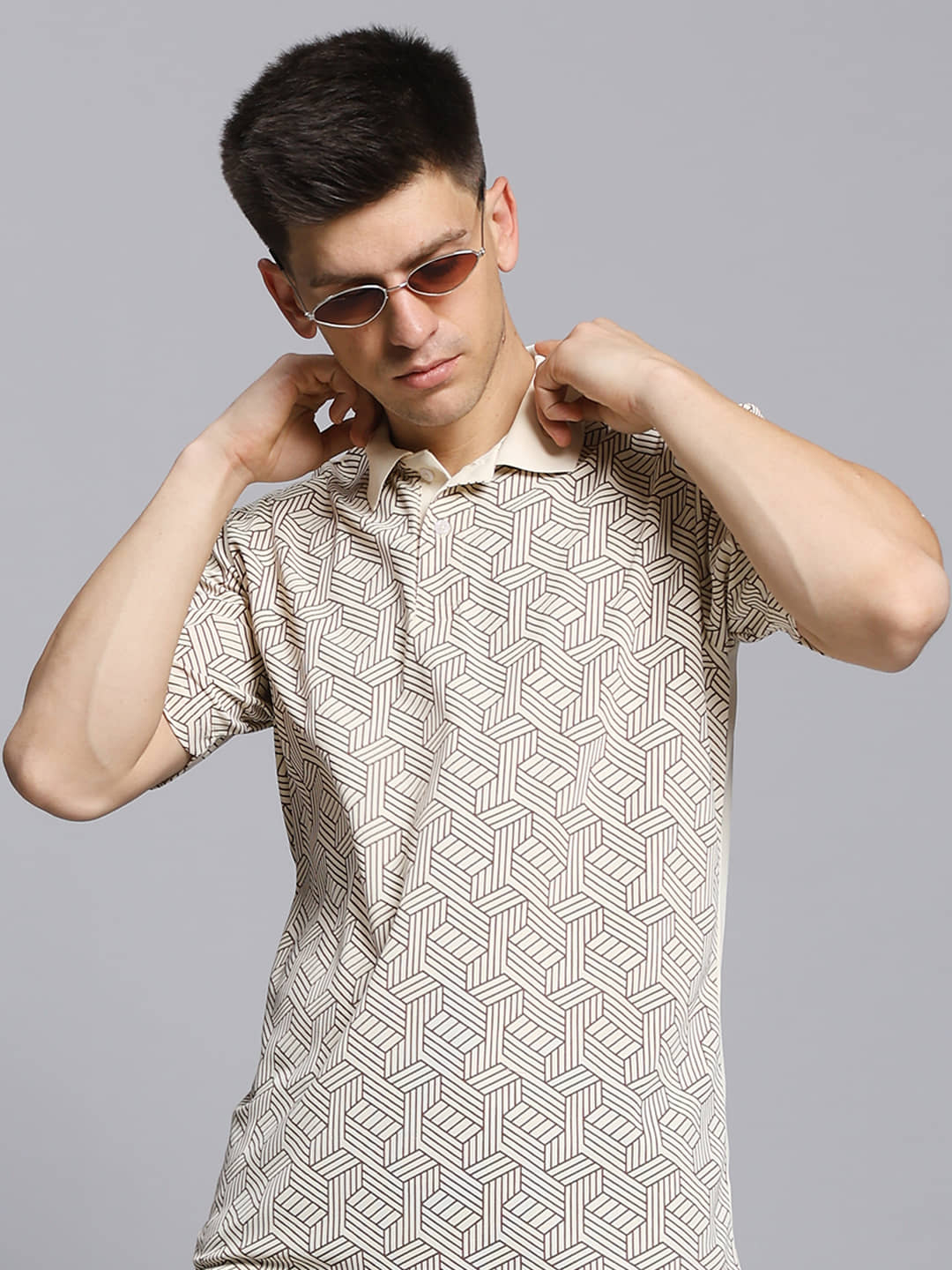 The Million Club Pack of 1 Cotton Blend Regular Fit Printed Half Sleeves Men's Polo T Shirt ( Beige )