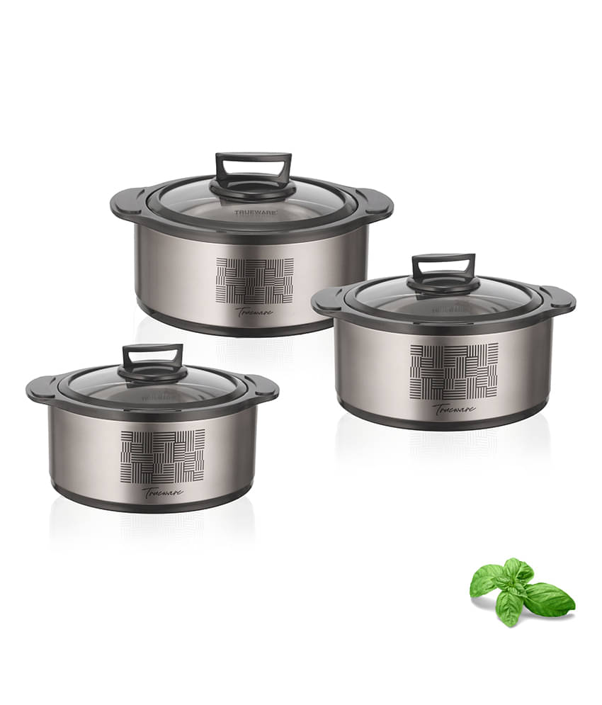     			Trueware Cosmic Glass Insulated Silver Steel Thermoware Casserole ( Set of 3 , 1000,1500,2000 mL )