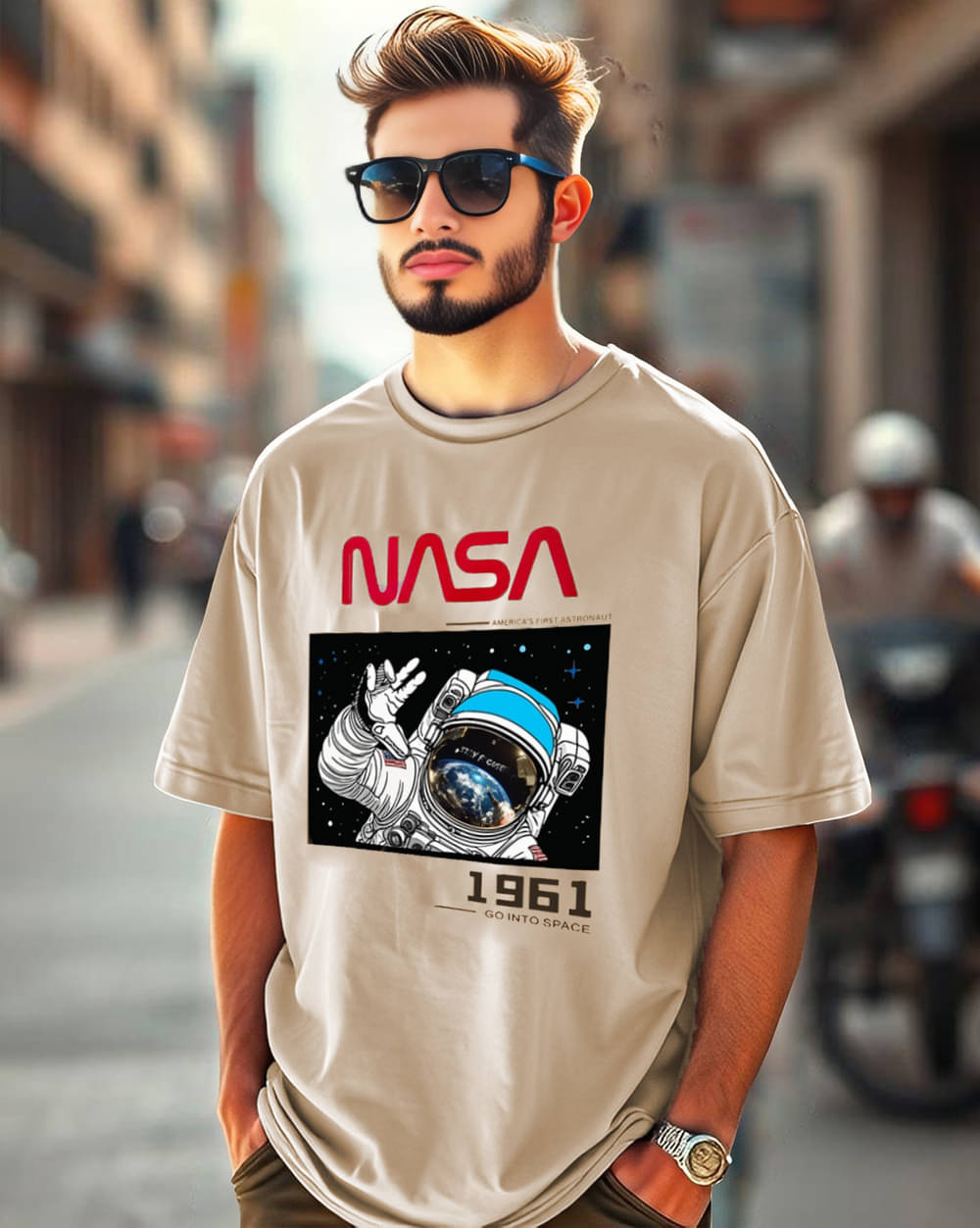     			VIOUR Cotton Oversized Fit Printed Half Sleeves Men's Round T-Shirt - Beige ( Pack of 1 )