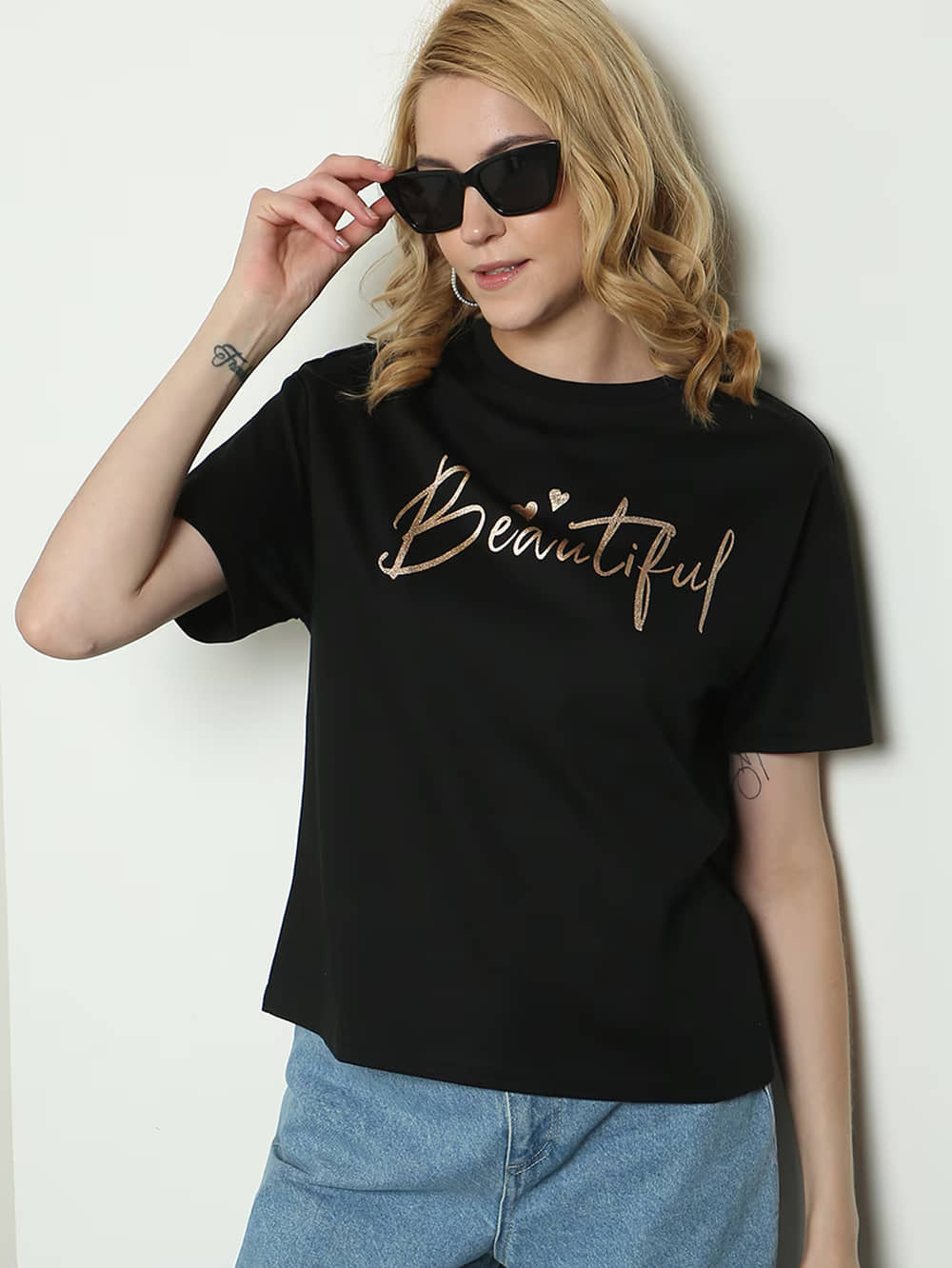 VIOUR Women Cotton Printed Oversized Fit Round Neck T-Shirt ( Black )