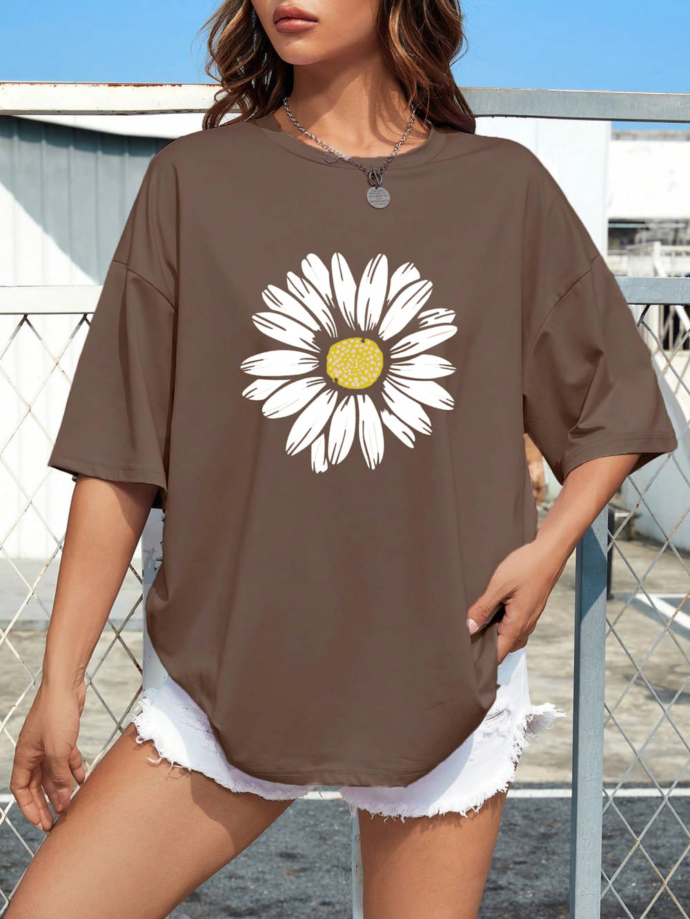     			VIOUR Women Cotton Printed Oversized Fit Round Neck T-Shirt ( Brown )