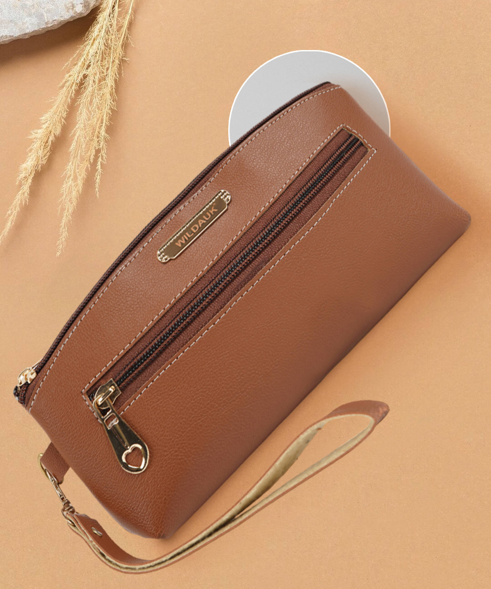     			WILDAUK Tan Pure Leather Box Clutch
