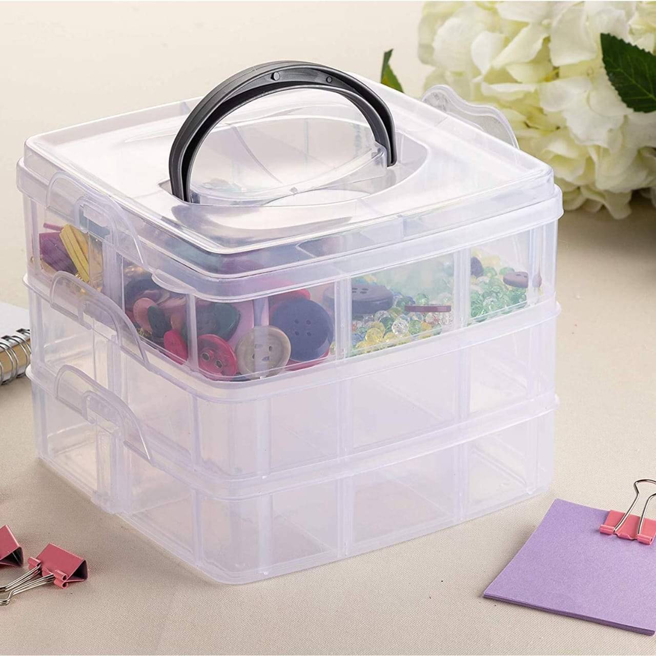     			3-Layers 18 Grids Detachable Square Desktop Storage Box Clear Plastic Craft Beads Jewellry Storage Organizer Box