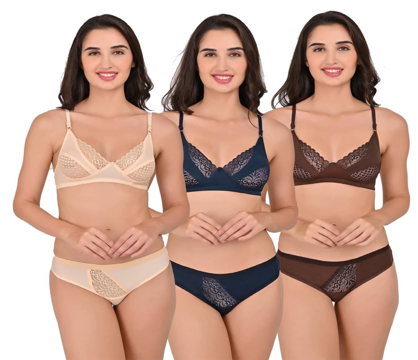 9ITE LOV Pack of 3 Net/Mesh Bra & Panty Set For Women ( Multicolor )     			9ITE LOV Pack of 3 Net/Mesh Bra & Panty Set For Women ( Multicolor )