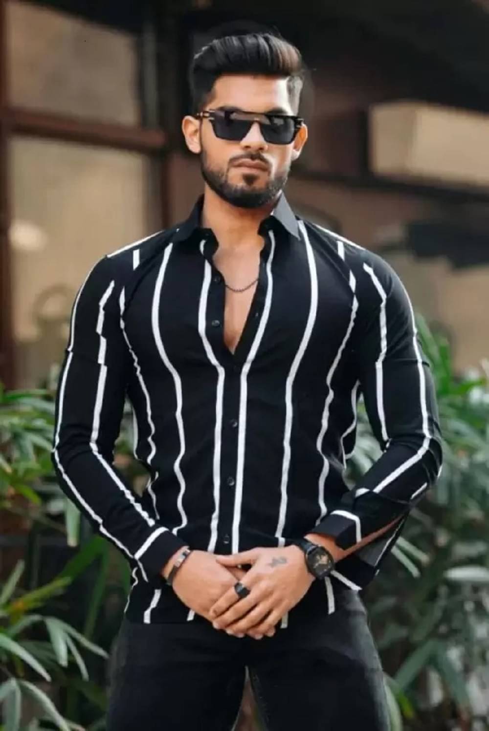    			ARZ Poly Cotton Regular Fit Striped Full Sleeves Men's Casual Shirt - Black ( Pack of 1 )
