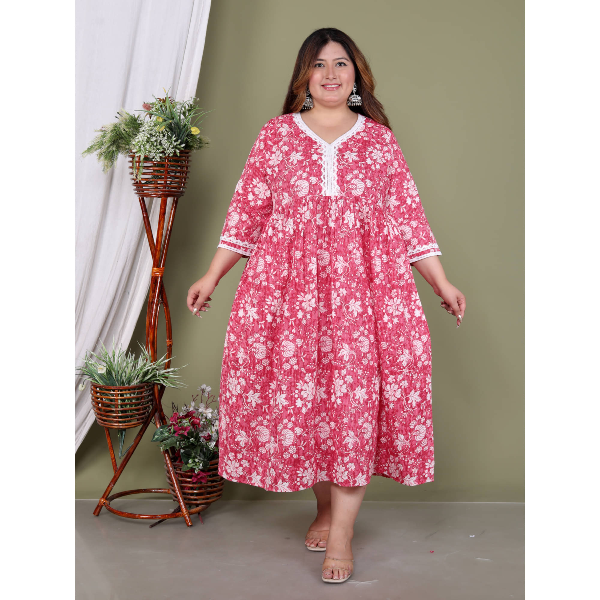 Avnii Women Cotton Printed Gown ( Pink )     			Avnii Women Cotton Printed Gown ( Pink )