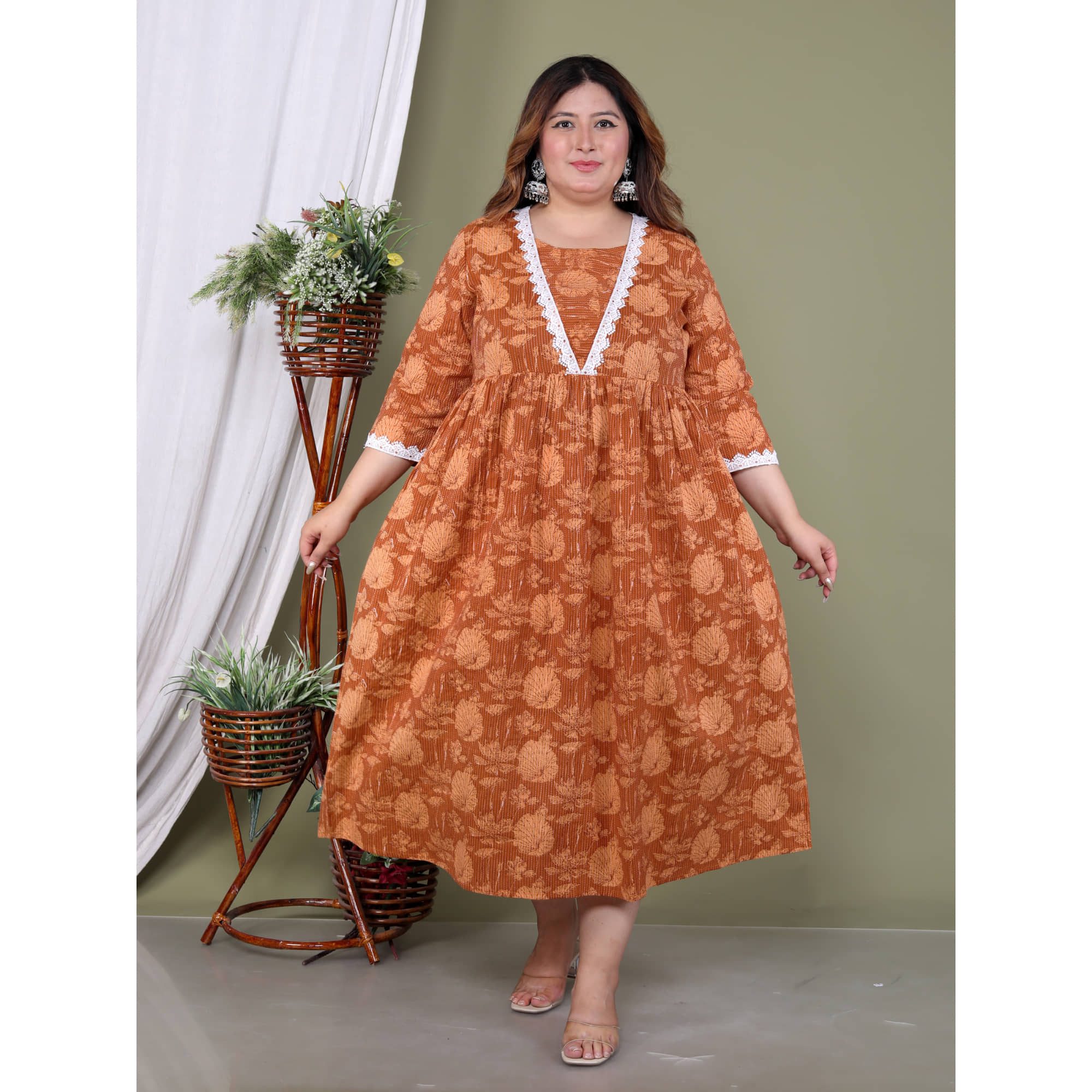 Avnii Women Cotton Printed Gown ( Peach )