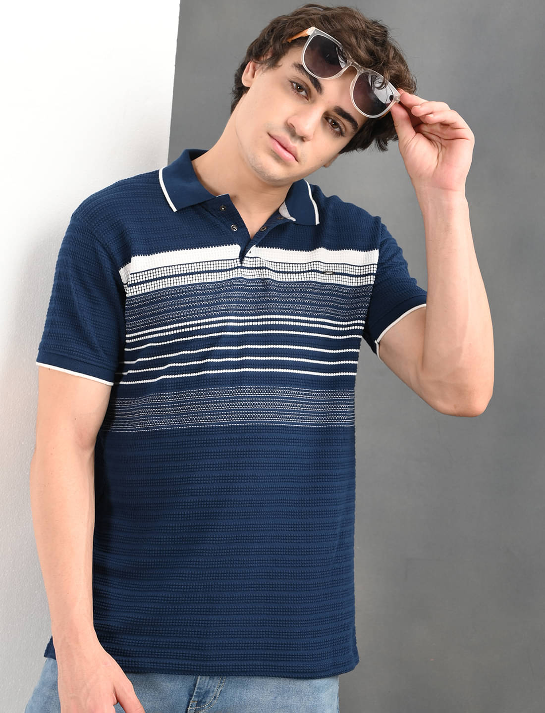 BLUE ARC Pack of 1 Cotton Regular Fit Striped Half Sleeves Men's Polo T Shirt ( Navy ) BLUE ARC Pack of 1 Cotton Regular Fit Striped Half Sleeves Men's Polo T Shirt ( Navy )