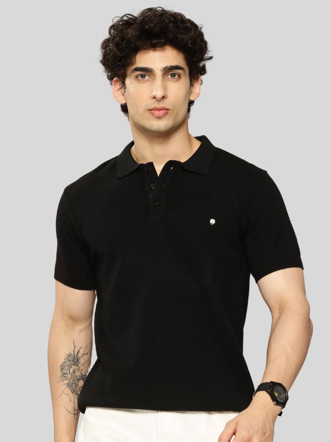     			Clapton Pack of 1 Cotton Blend Regular Fit Self Design Half Sleeves Men's Polo T Shirt ( Black )