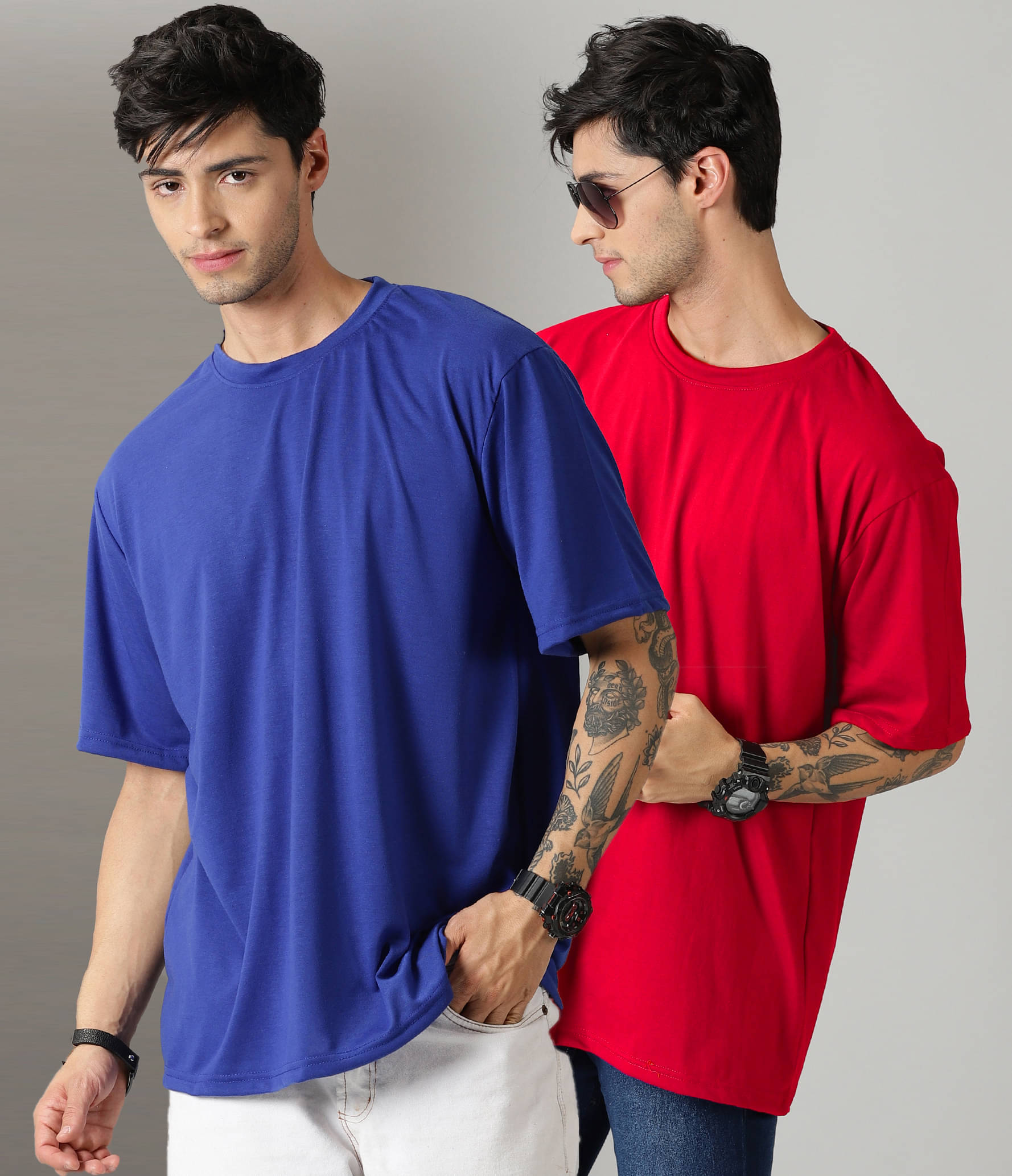     			Diversify Cotton Blend Oversized Fit Solid Half Sleeves Men's Round T-Shirt - Multicolor5 ( Pack of 2 )