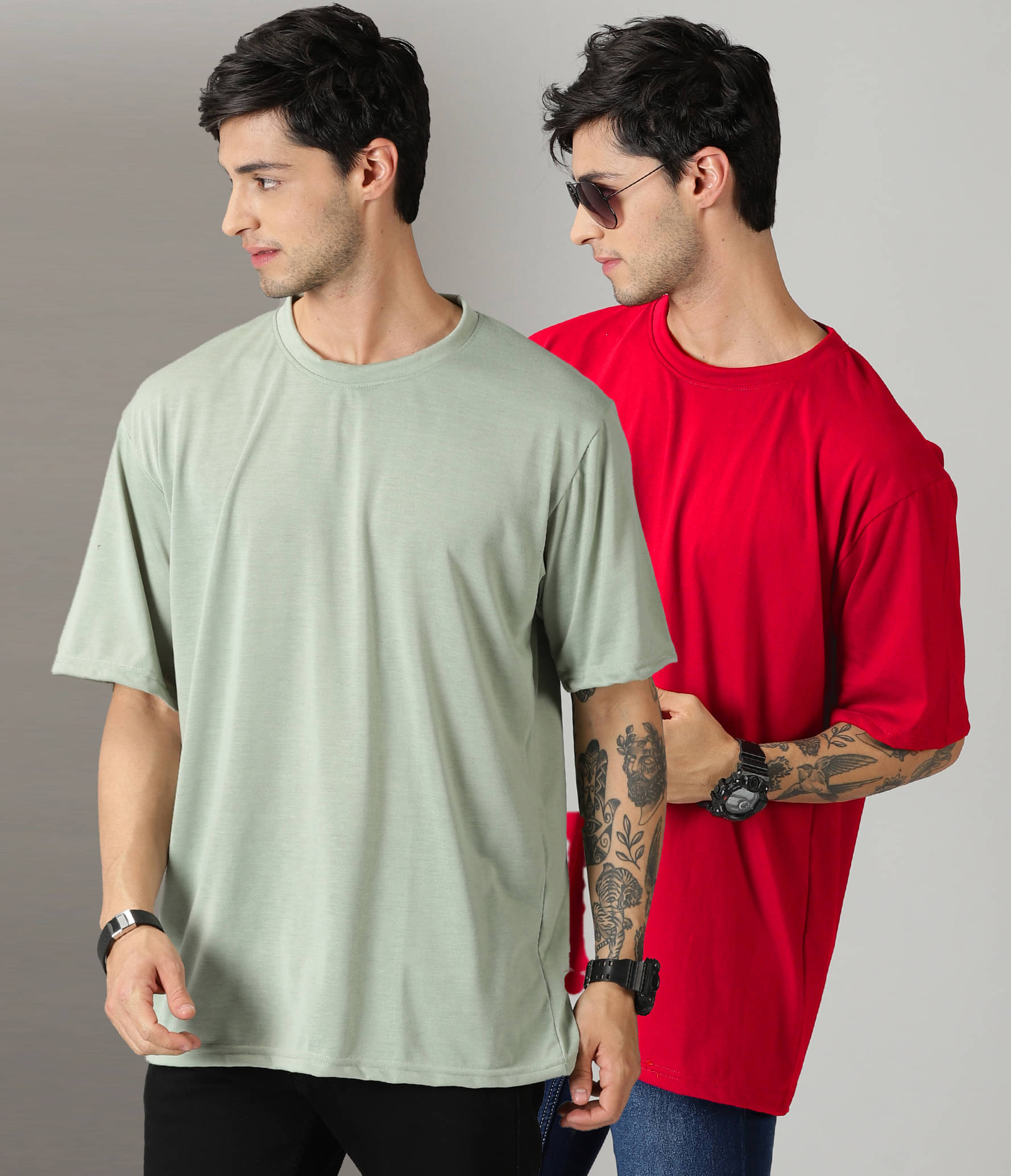     			Diversify Cotton Blend Oversized Fit Solid Half Sleeves Men's Round T-Shirt - Multicolor6 ( Pack of 2 )