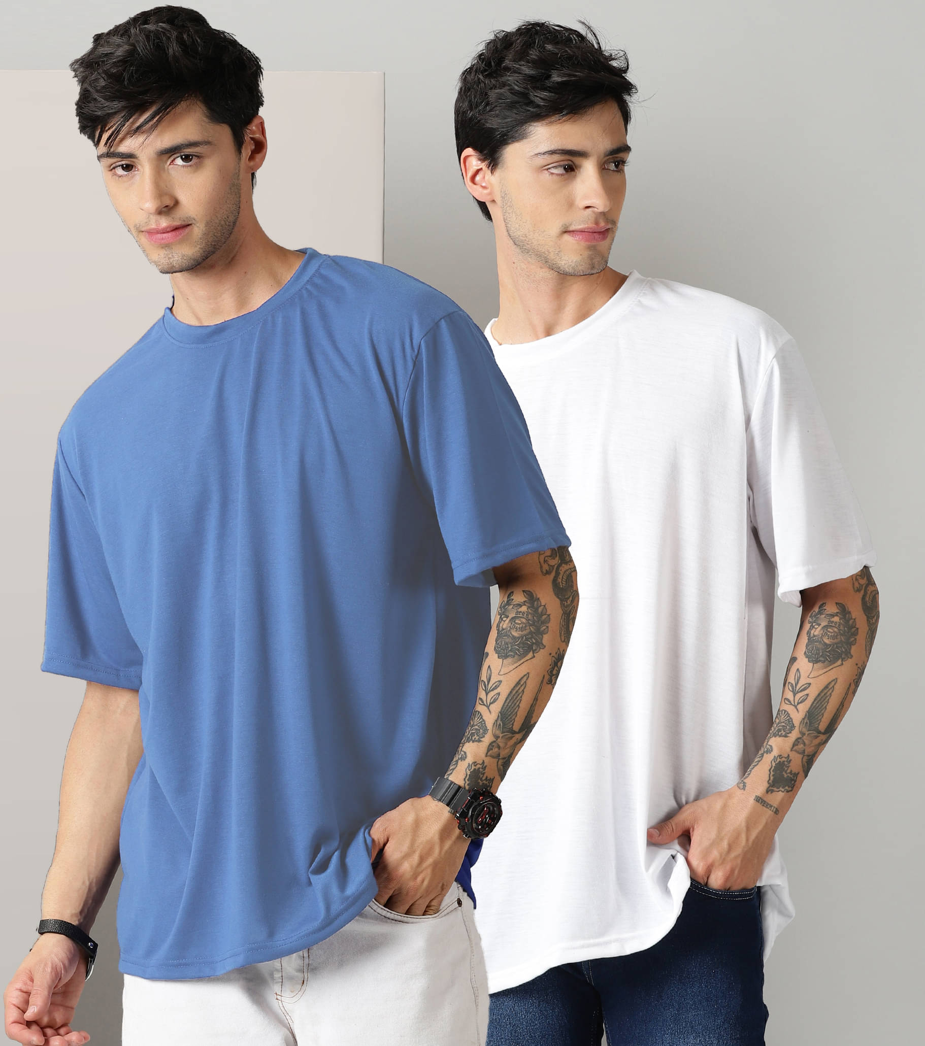     			Diversify Cotton Blend Oversized Fit Solid Half Sleeves Men's Round T-Shirt - Multicolor1 ( Pack of 2 )