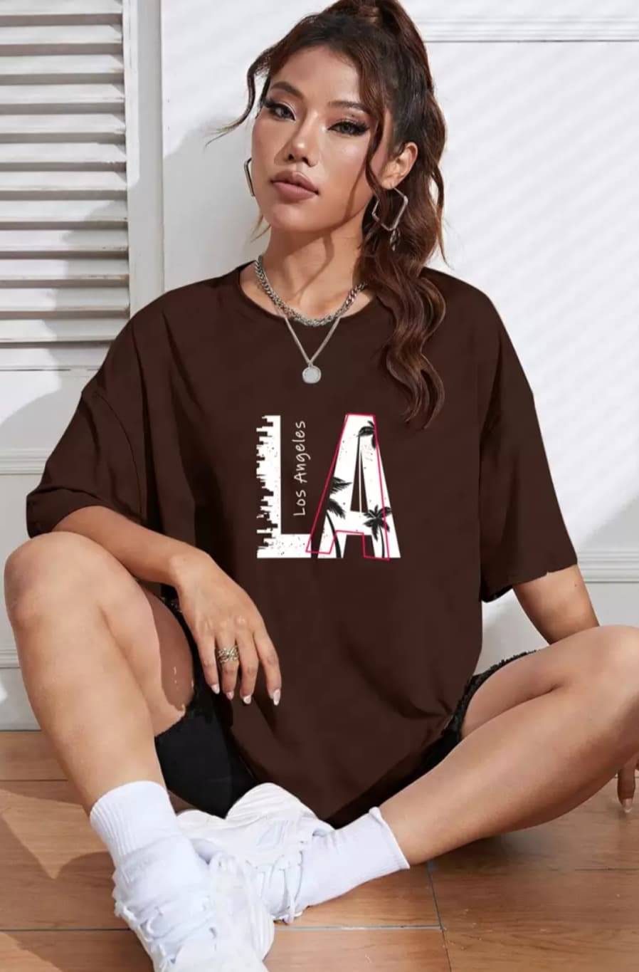 SPARSH THIRTY THREE Women Cotton Printed Oversized Round Neck T-Shirt ( Brown ) SPARSH THIRTY THREE Women Cotton Printed Oversized Round Neck T-Shirt ( Brown )