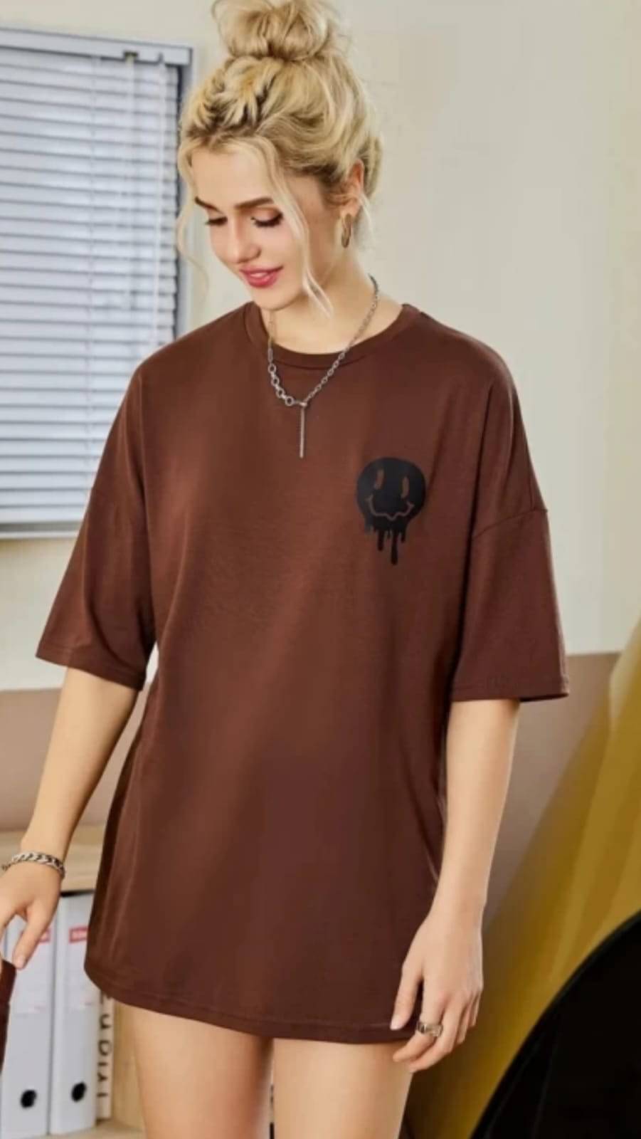     			SPARSH THIRTY THREE Women Cotton Printed Oversized Round Neck T-Shirt ( Brown )