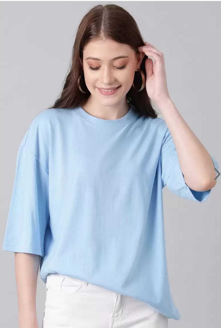     			SPARSH THIRTY THREE Women Cotton Solid Oversized Round Neck T-Shirt ( Light Blue )