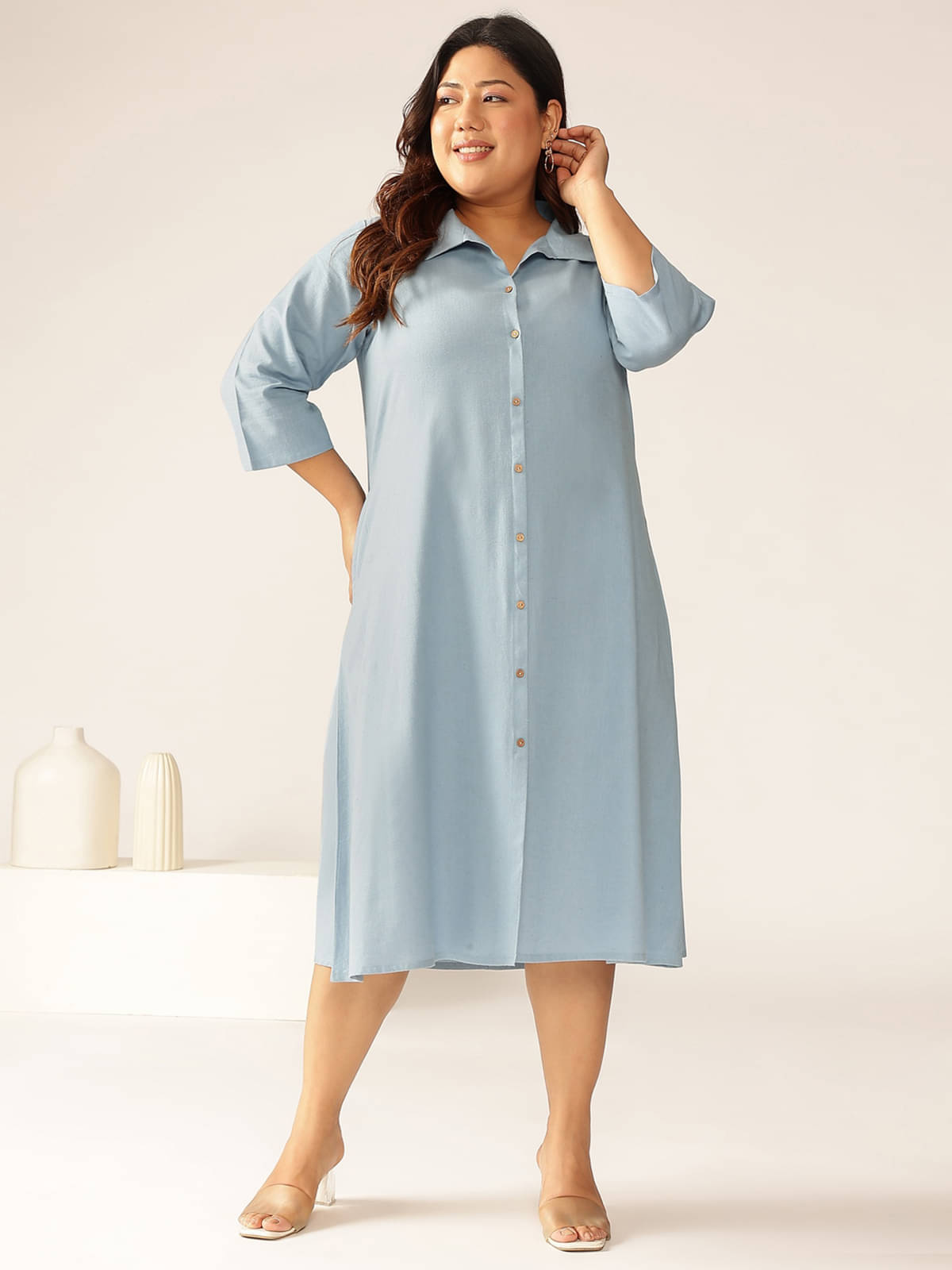     			Janasya Women Cotton Solid Shirt Dress ( Light Blue )