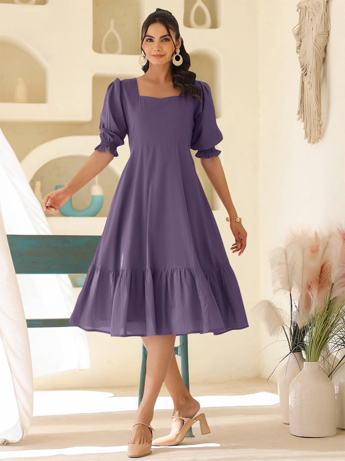     			Janasya Women Cotton Solid Fit & Flare Dress ( Purple )