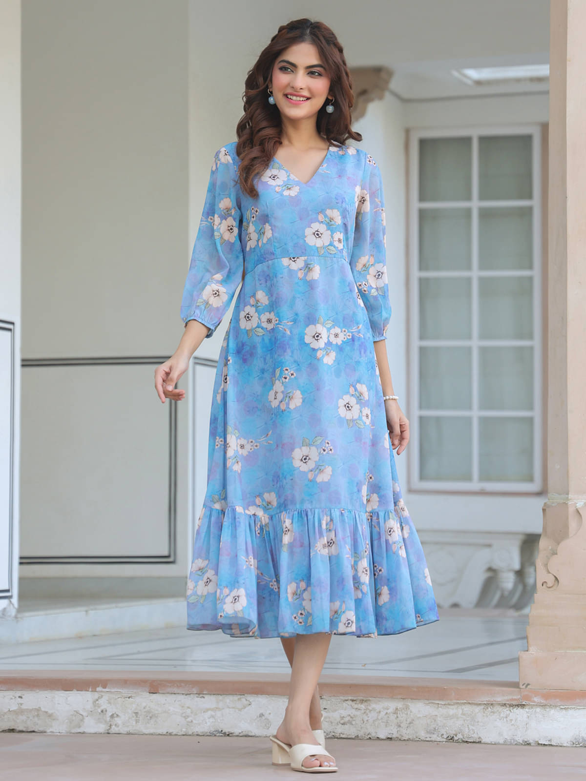     			Janasya Women Georgette Printed Fit & Flare Dress ( Blue )