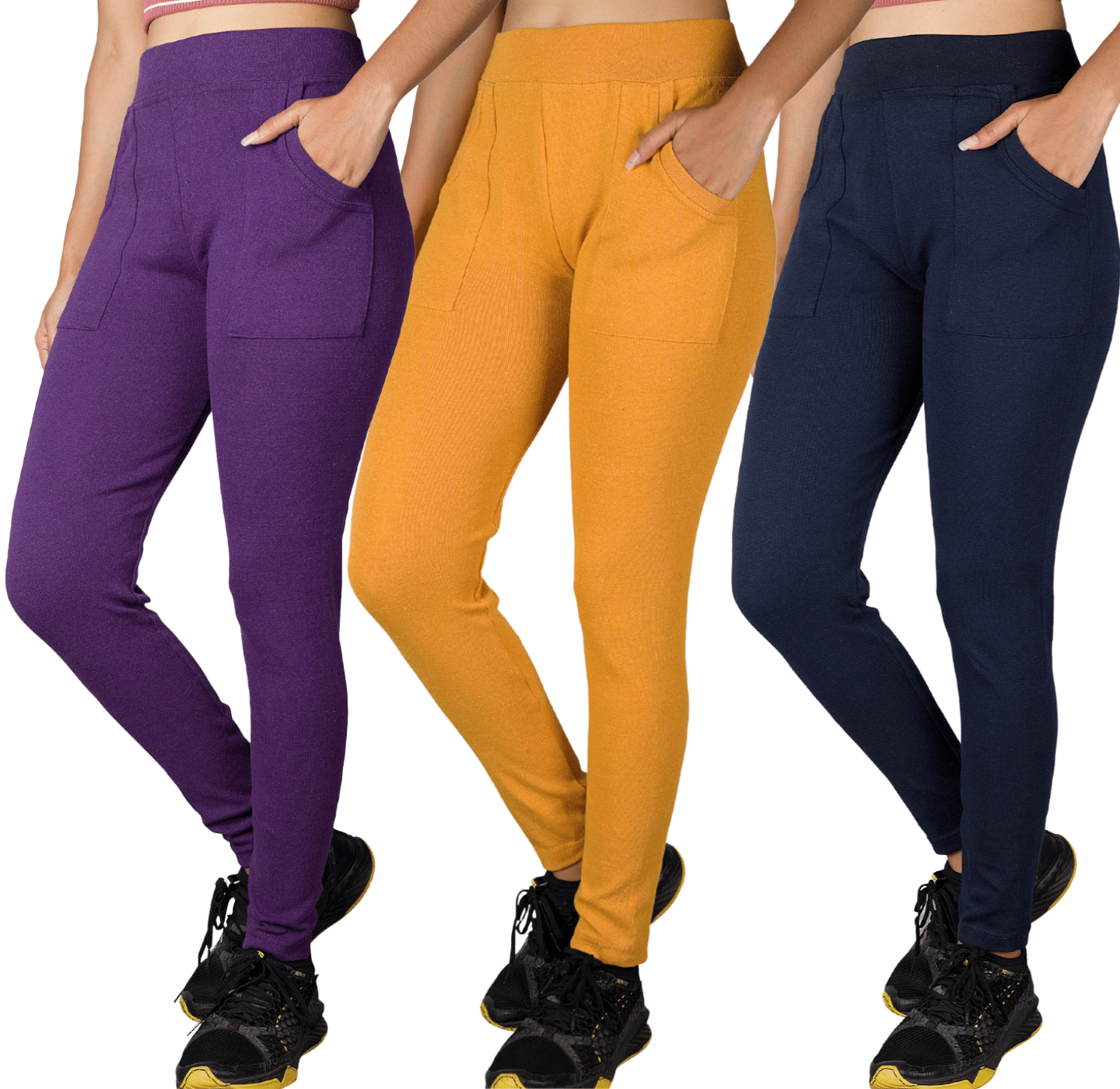 KARARO JEGGINGS - Cotton Blend Skinny Fit Gold Women's Jeggings ( Pack of 3 )     			KARARO JEGGINGS - Cotton Blend Skinny Fit Gold Women's Jeggings ( Pack of 3 )