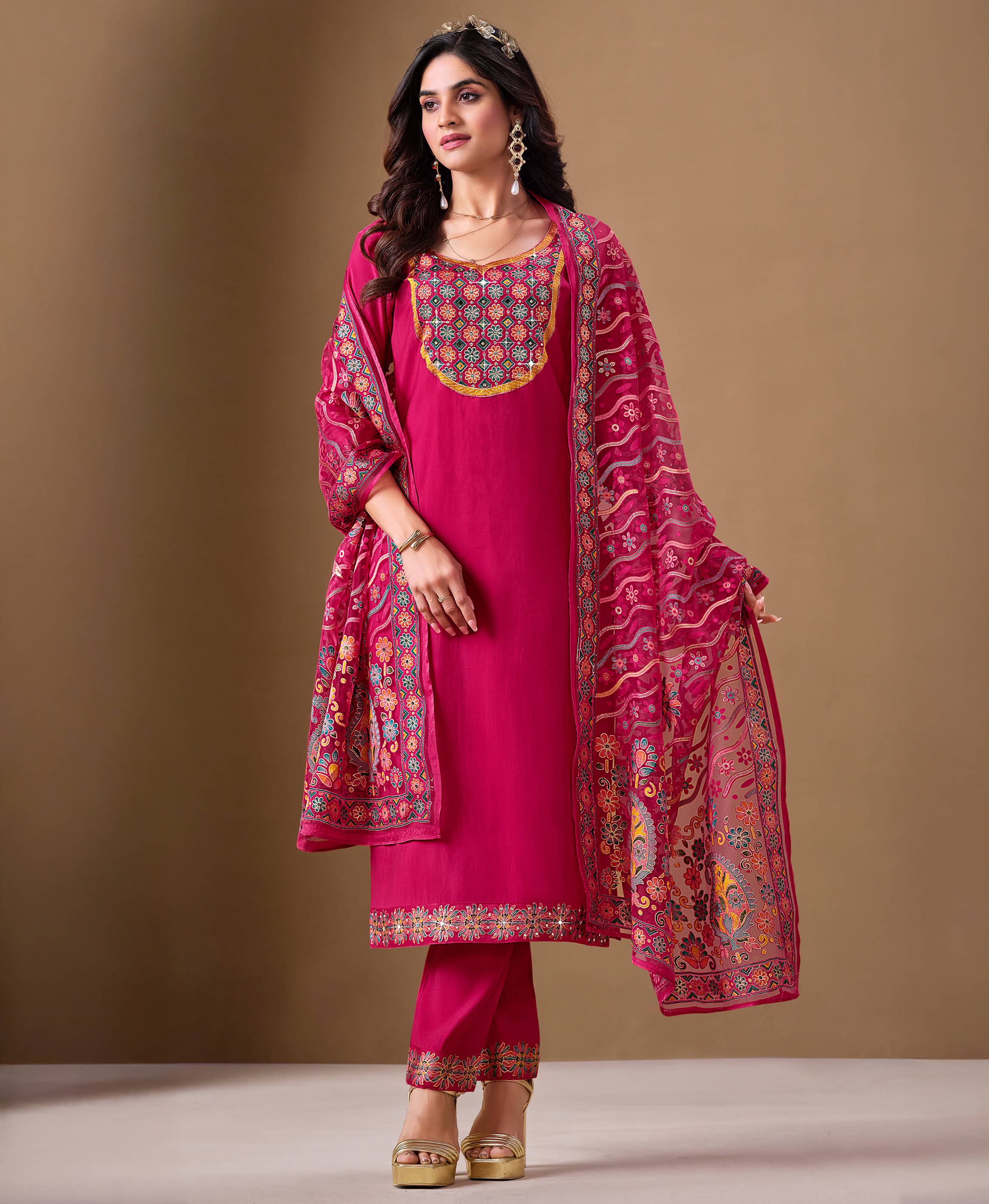     			MOJILAA Viscose Printed Kurti With Pants Women's Stitched Salwar Suit - Pink ( Pack of 1 )