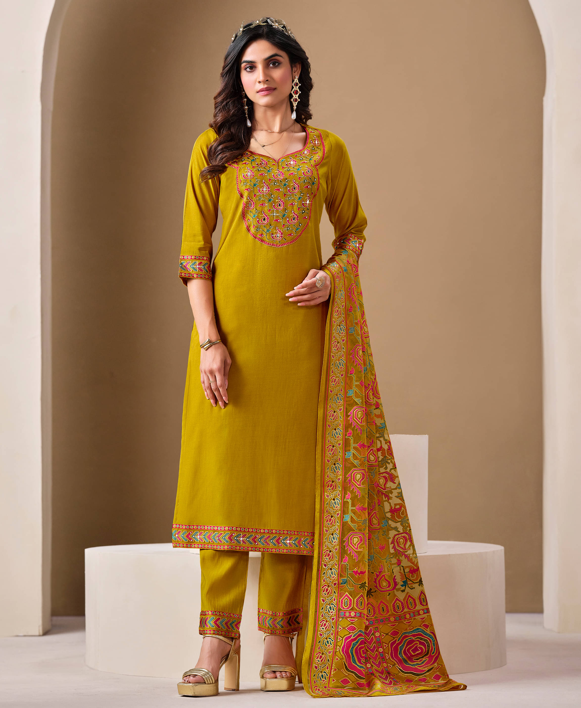    			MOJILAA Viscose Printed Kurti With Pants Women's Stitched Salwar Suit - Yellow ( Pack of 1 )