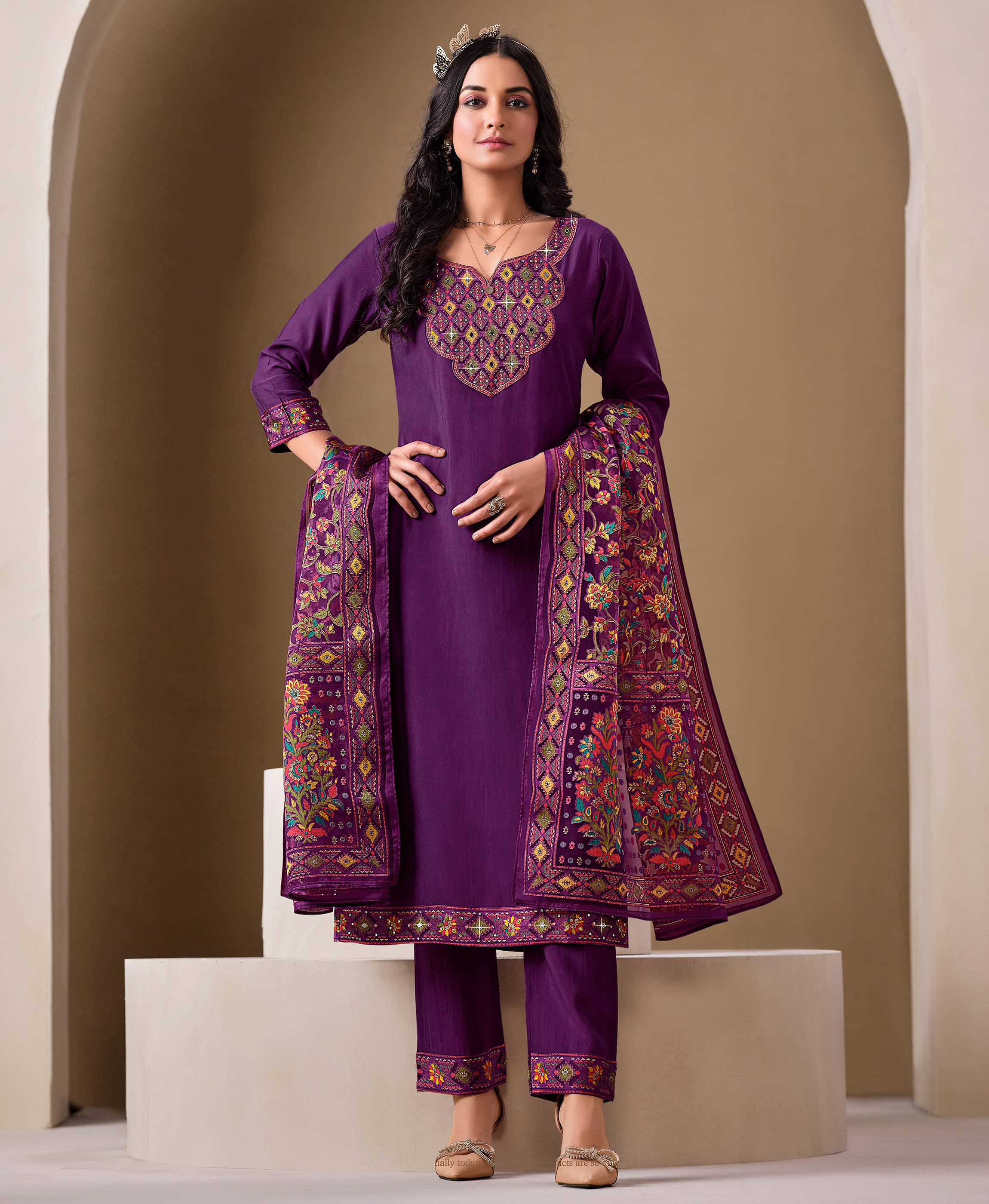     			MOJILAA Viscose Printed Kurti With Pants Women's Stitched Salwar Suit - Purple ( Pack of 1 )
